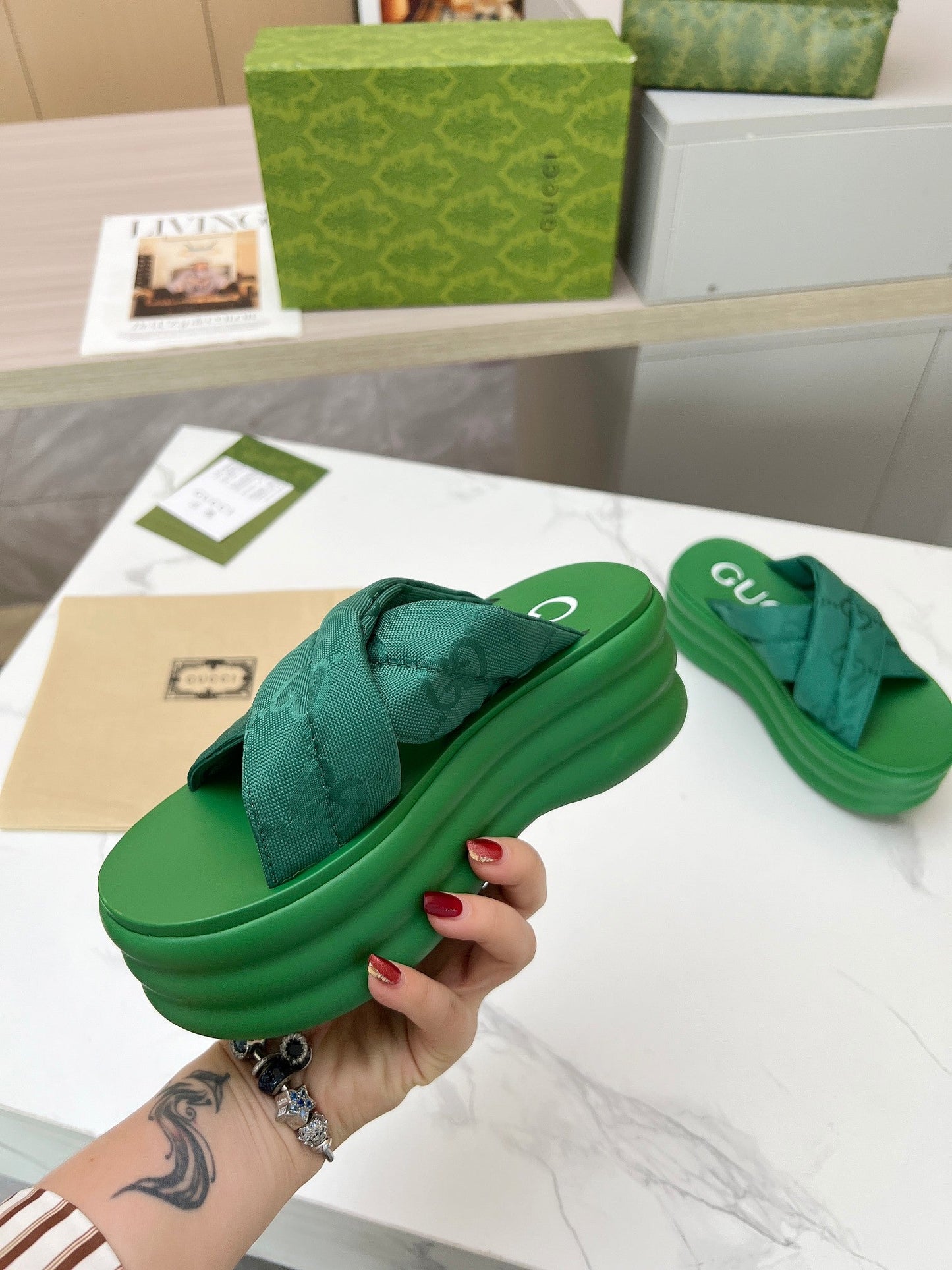 GG waterproof platform slippers green fabric