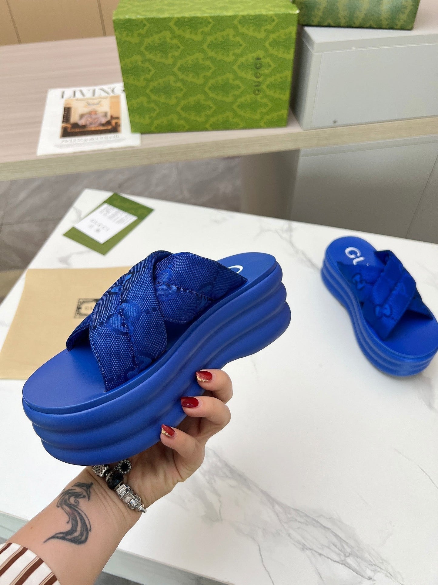 GG waterproof platform slippers blue fabric