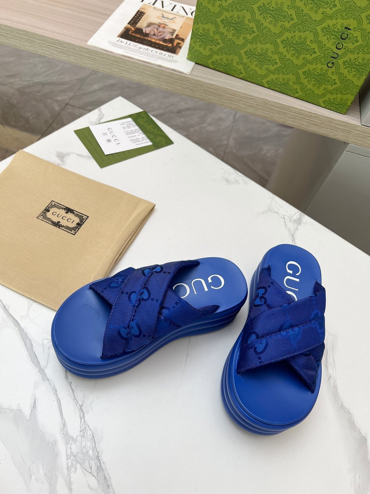 GG waterproof platform slippers blue fabric
