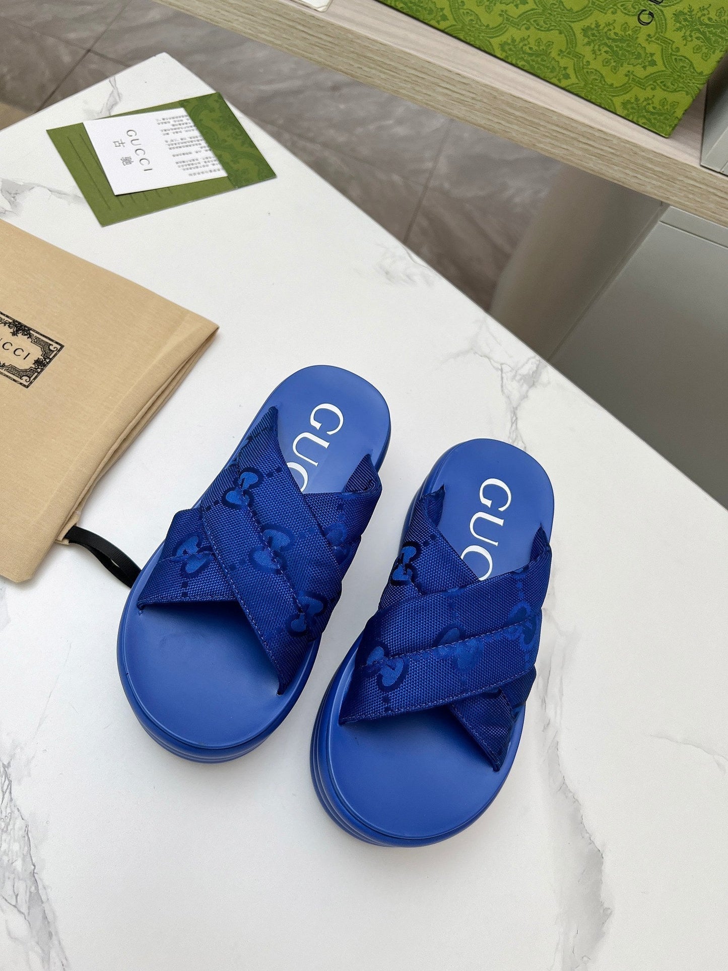 GG waterproof platform slippers blue fabric