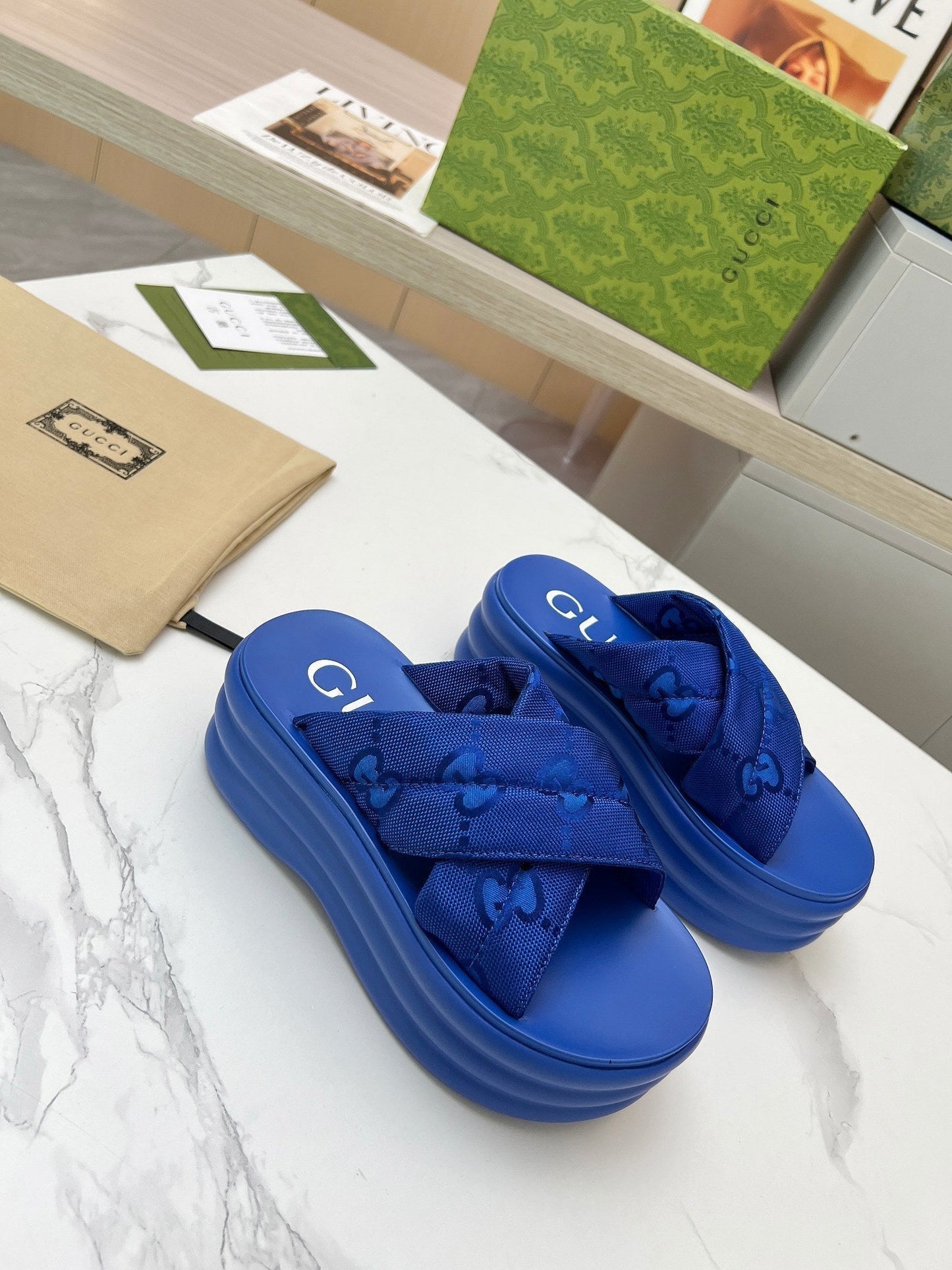 GG waterproof platform slippers blue fabric