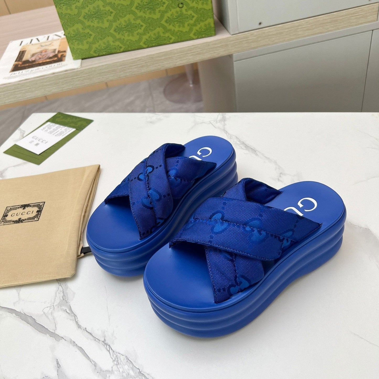 GG waterproof platform slippers blue fabric