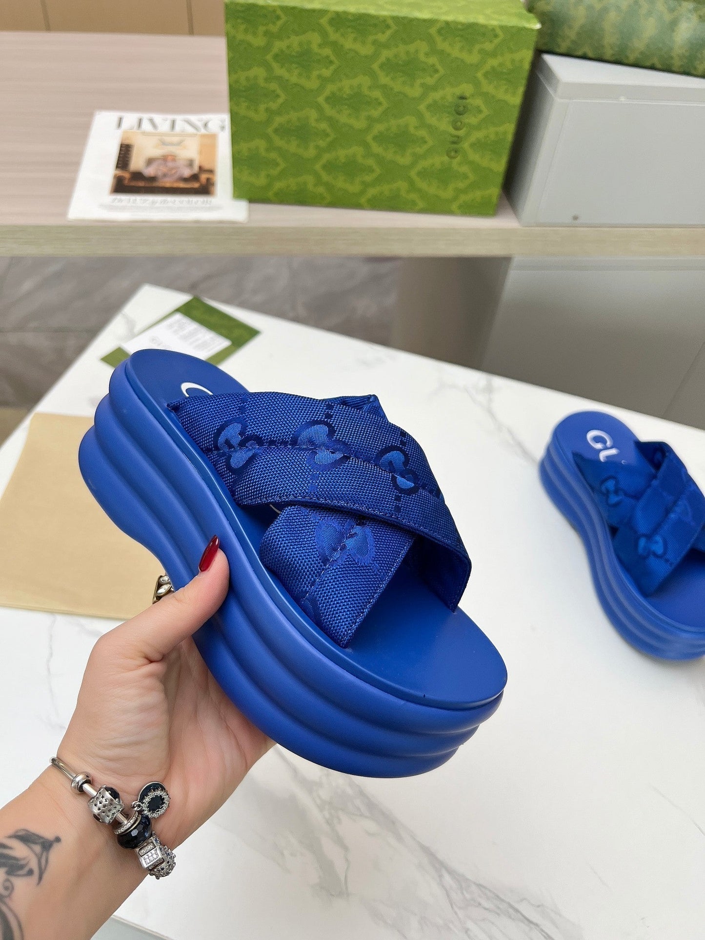 GG waterproof platform slippers blue fabric