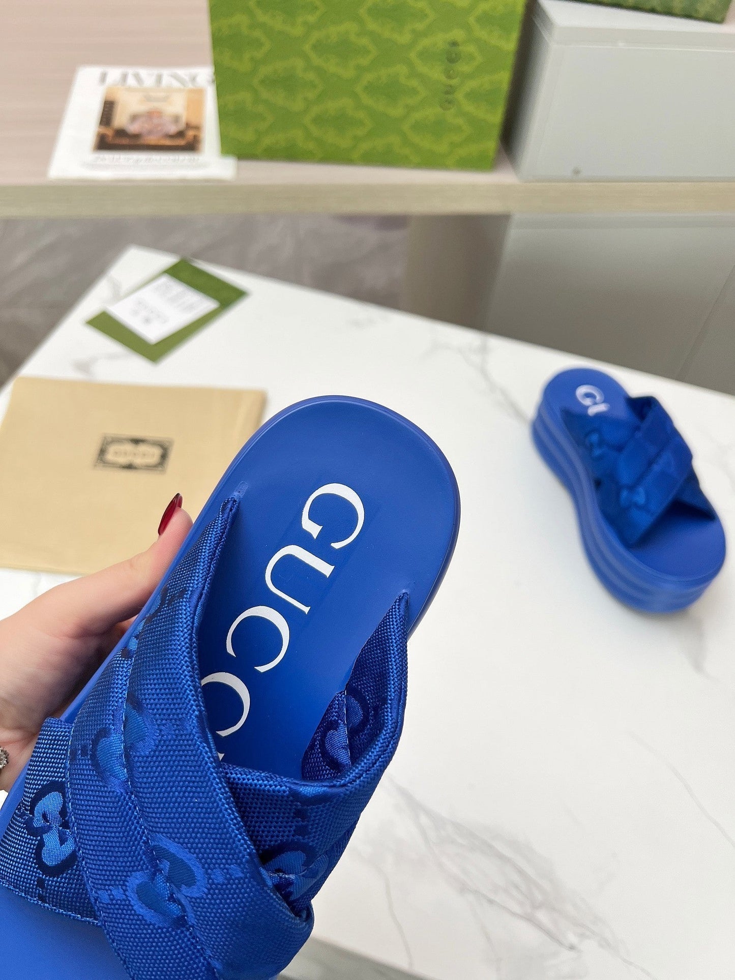 GG waterproof platform slippers blue fabric