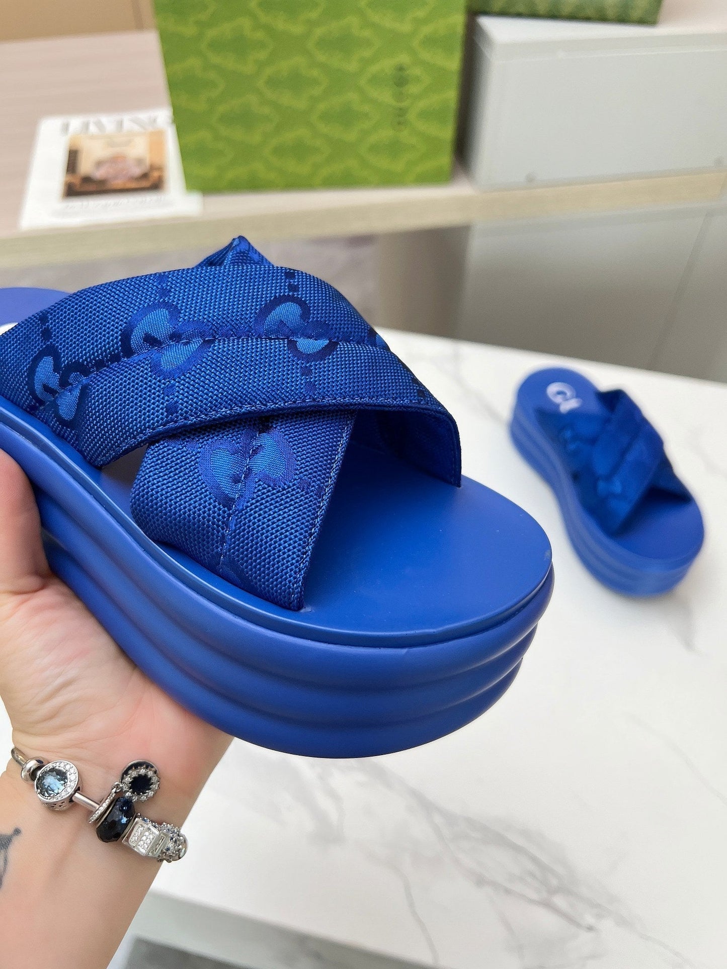 GG waterproof platform slippers blue fabric