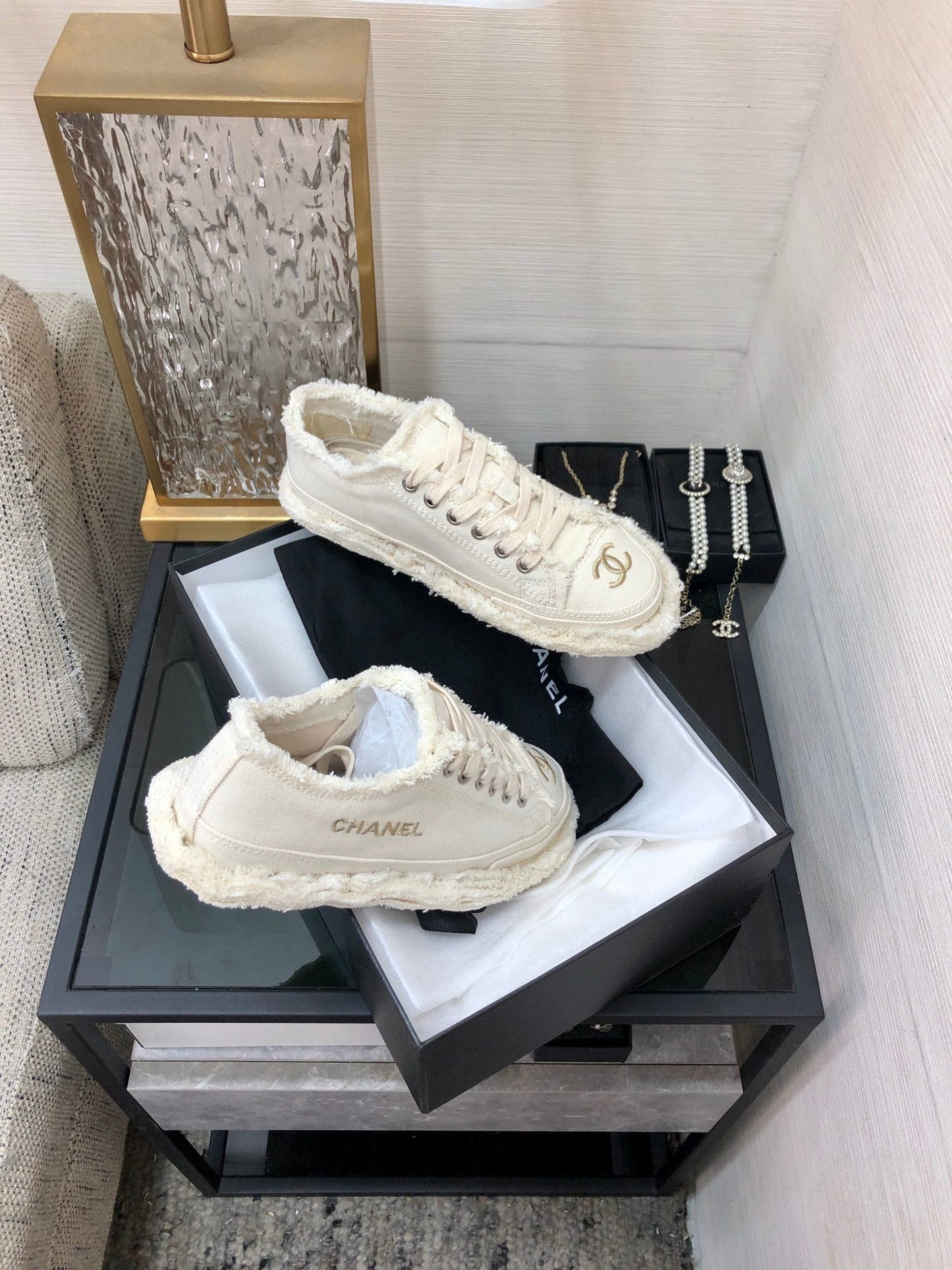 CC Sneaker White Fringe Denim Fabric