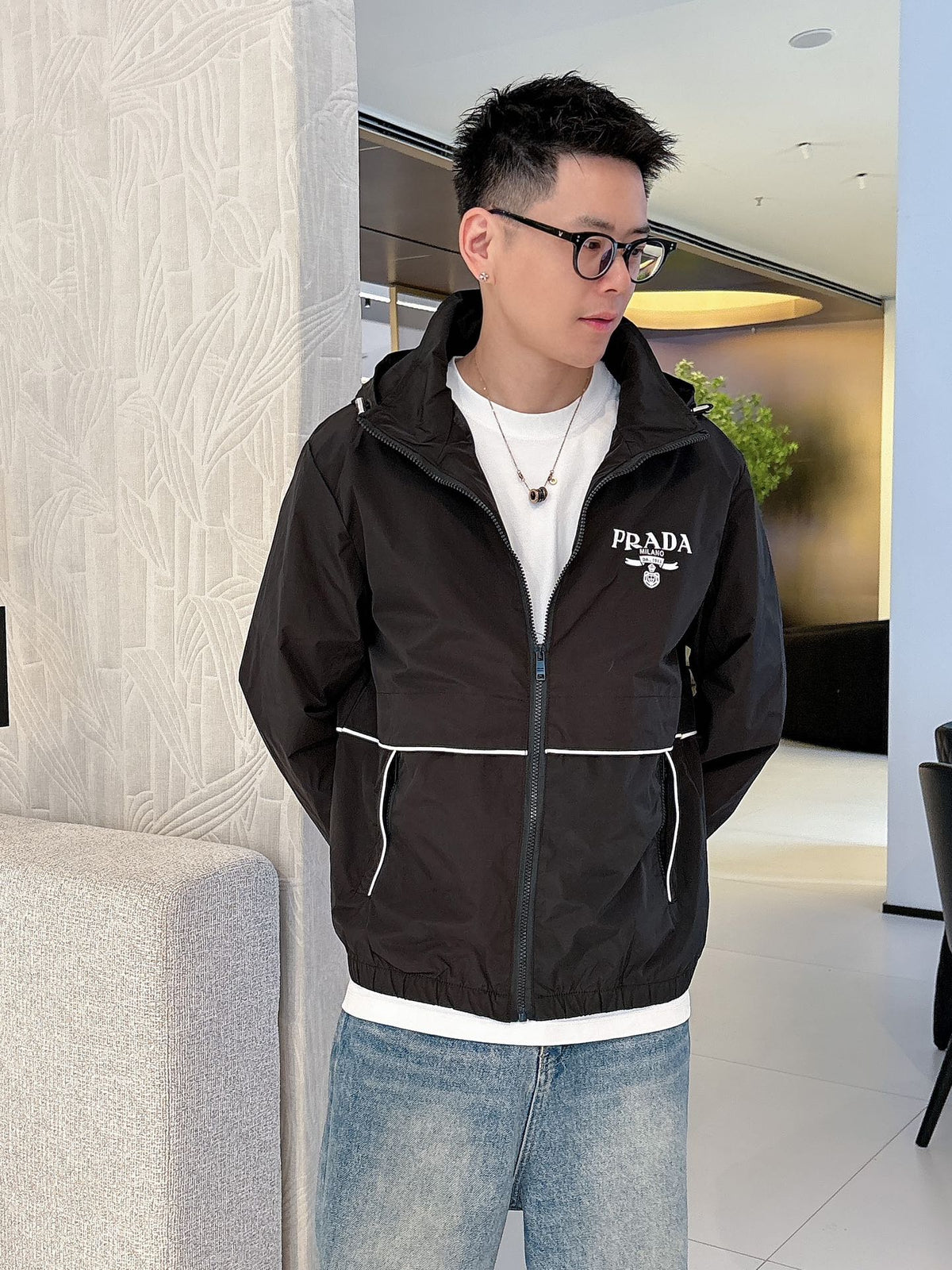 Prada Men’s Windbreaker Jacket Black Nylon Fabric