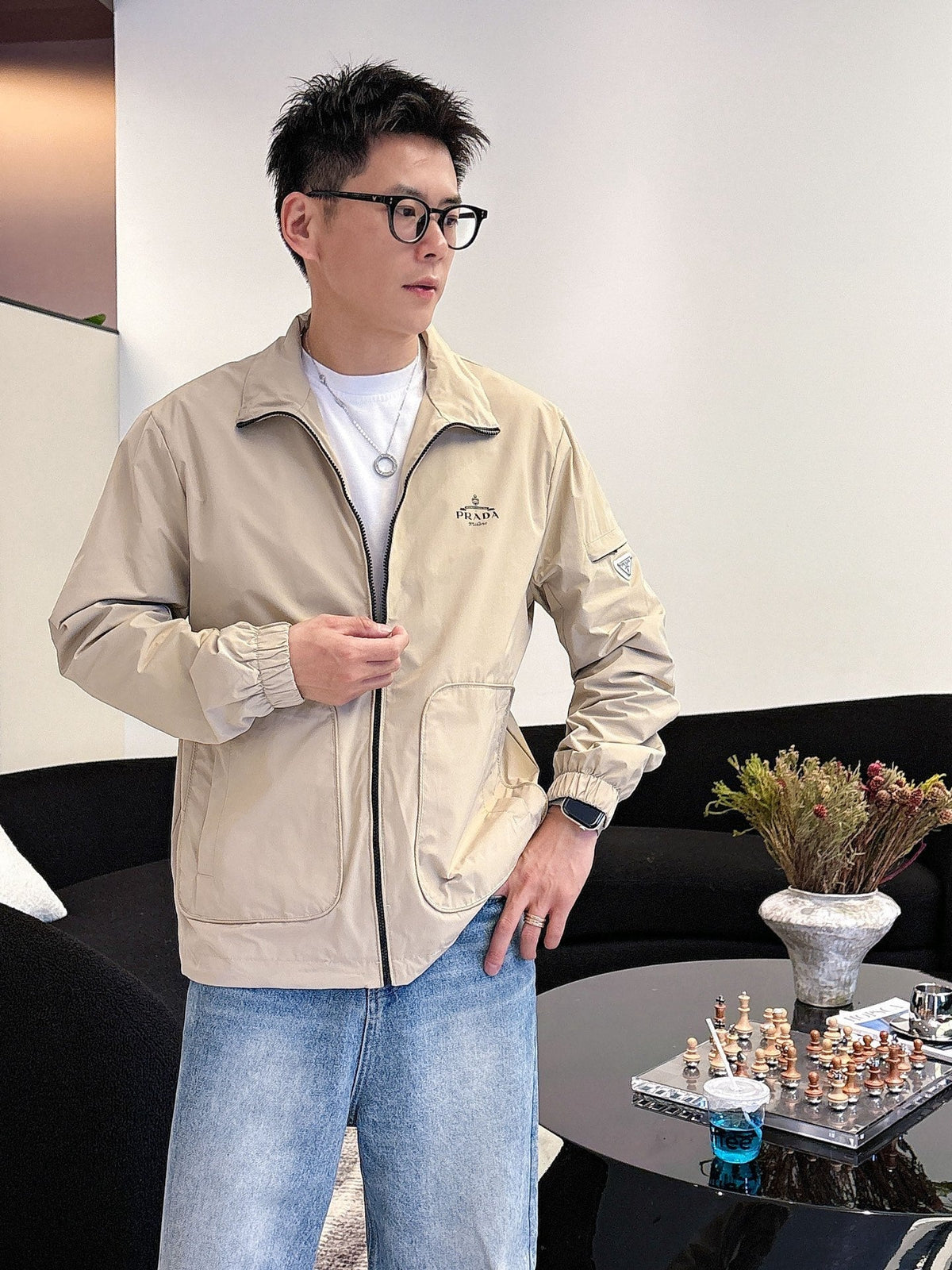 Prada Men’s Triangle-Logo Zip-Up Jacket Beige Nylon Fabric