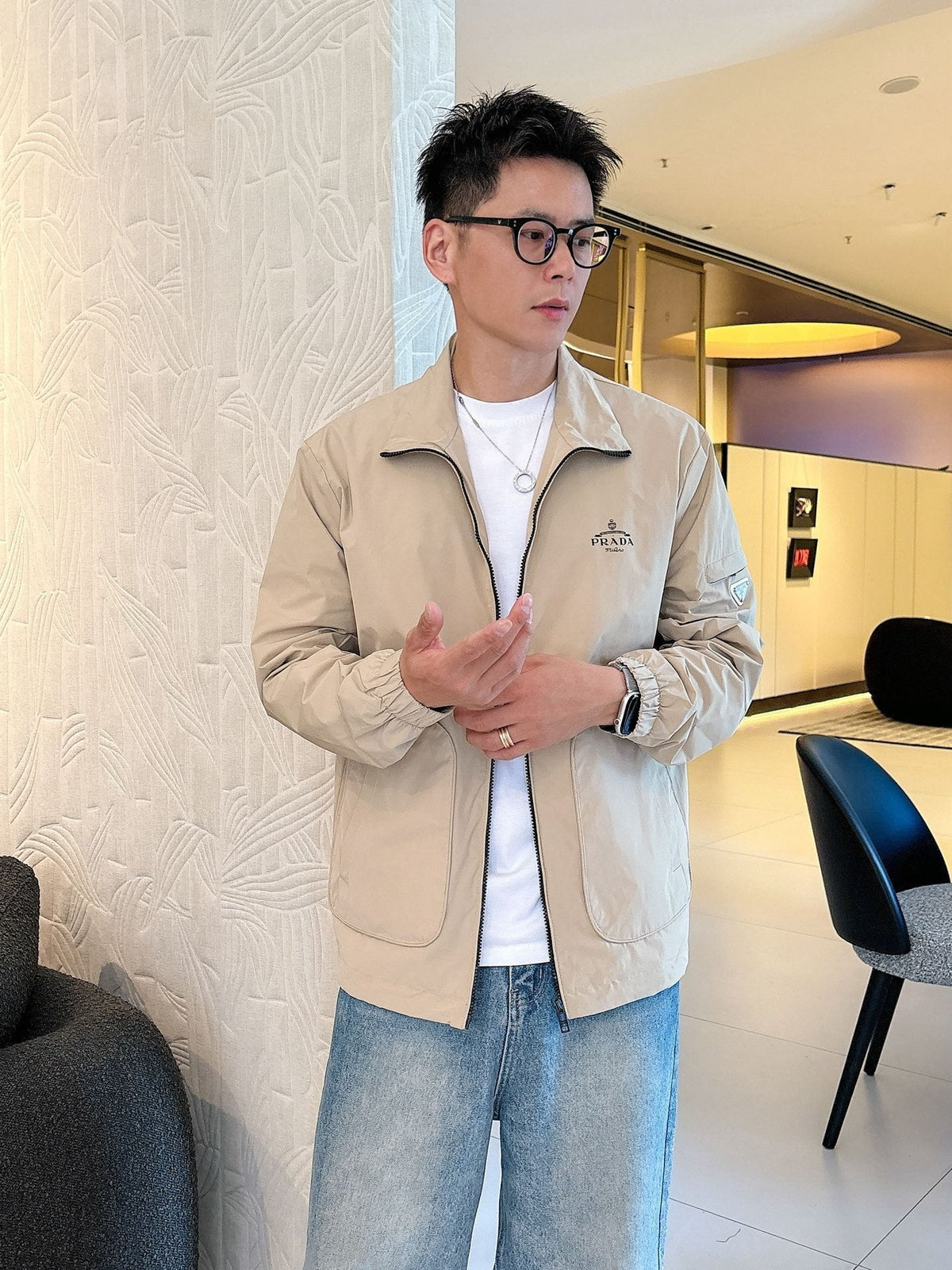 Prada Men’s Triangle-Logo Zip-Up Jacket Beige Nylon Fabric