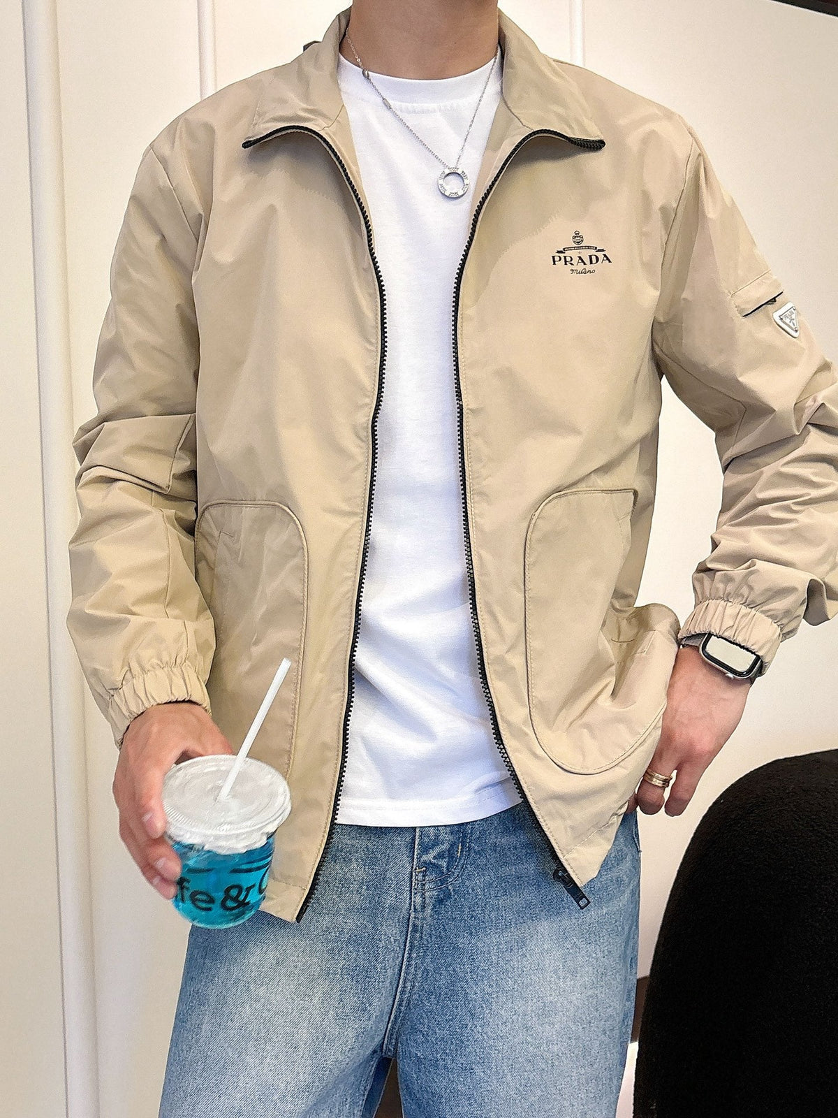 Prada Men’s Triangle-Logo Zip-Up Jacket Beige Nylon Fabric