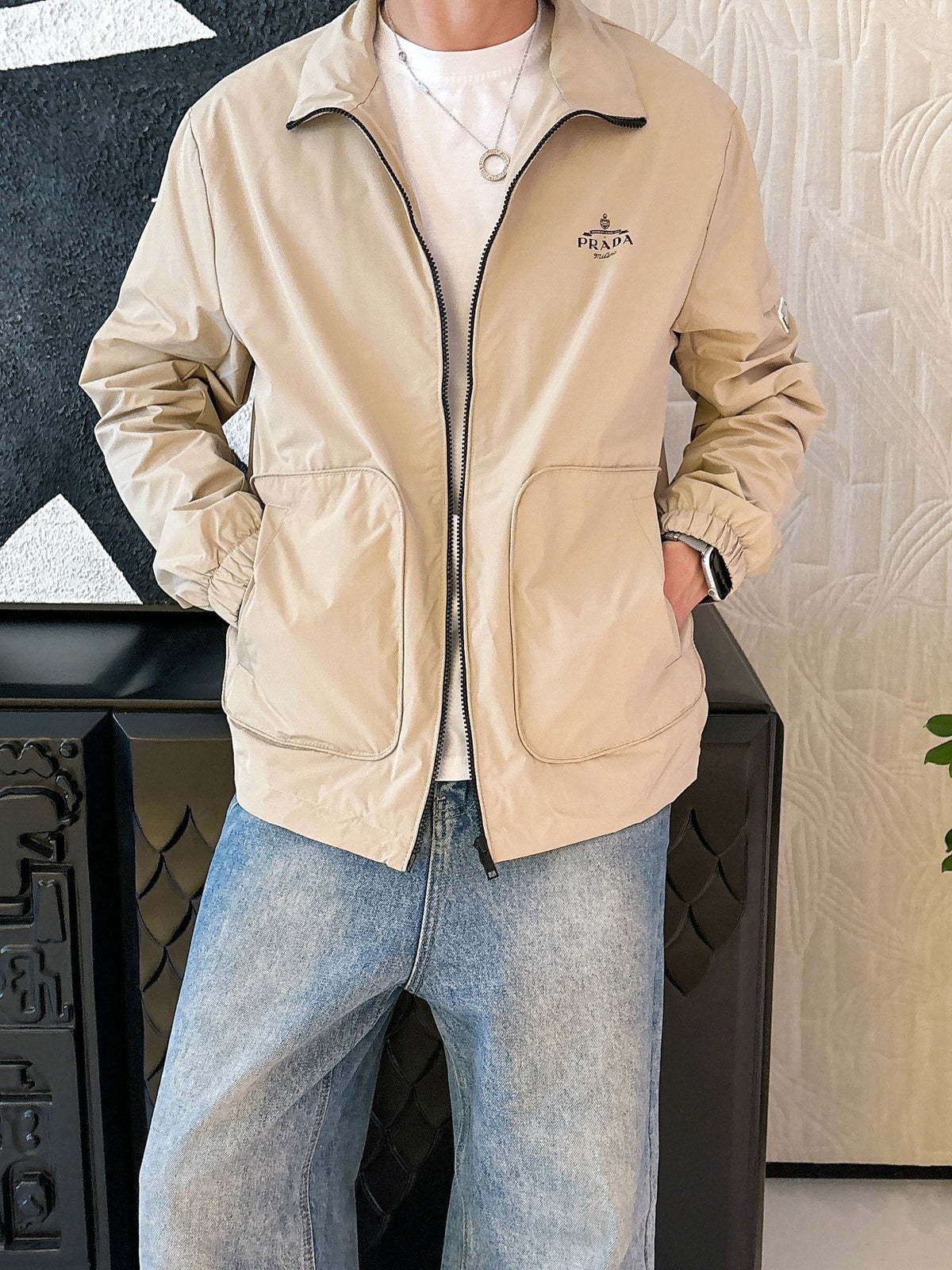 Prada Men’s Triangle-Logo Zip-Up Jacket Beige Nylon Fabric