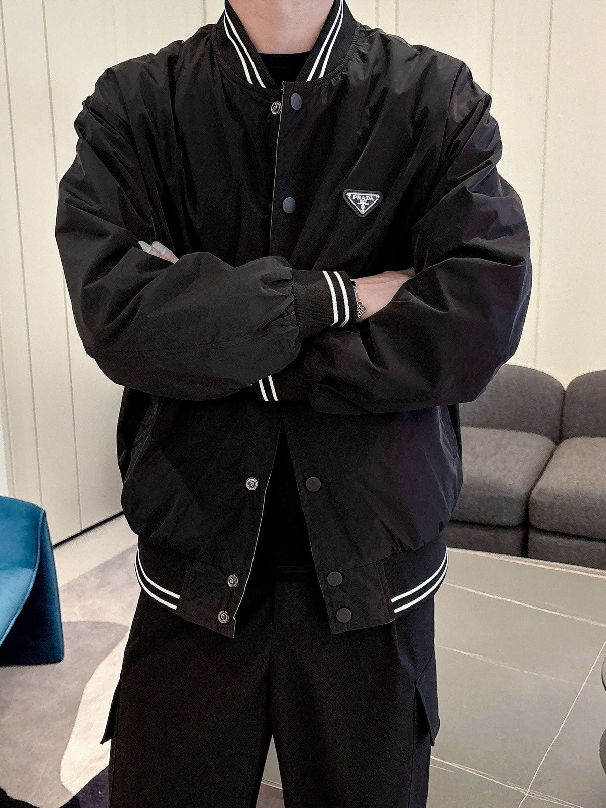 Prada Men’s Reversible Bomber Jacket Re-Nylon Cotton Fleece