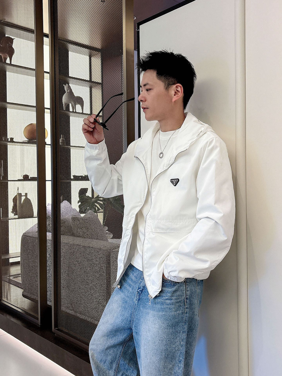Prada Men’s Logo-Plaque Hooded Windbreaker White Nylon