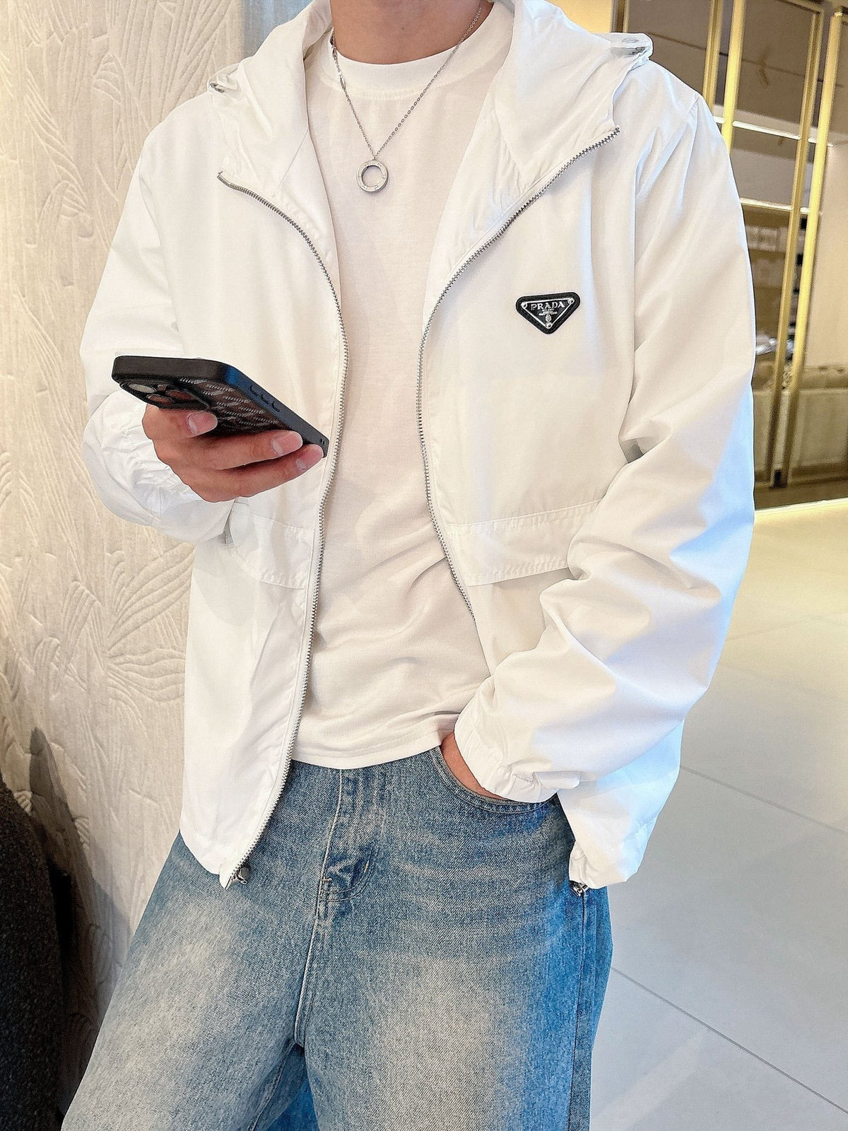 Prada Men’s Logo-Plaque Hooded Windbreaker White Nylon