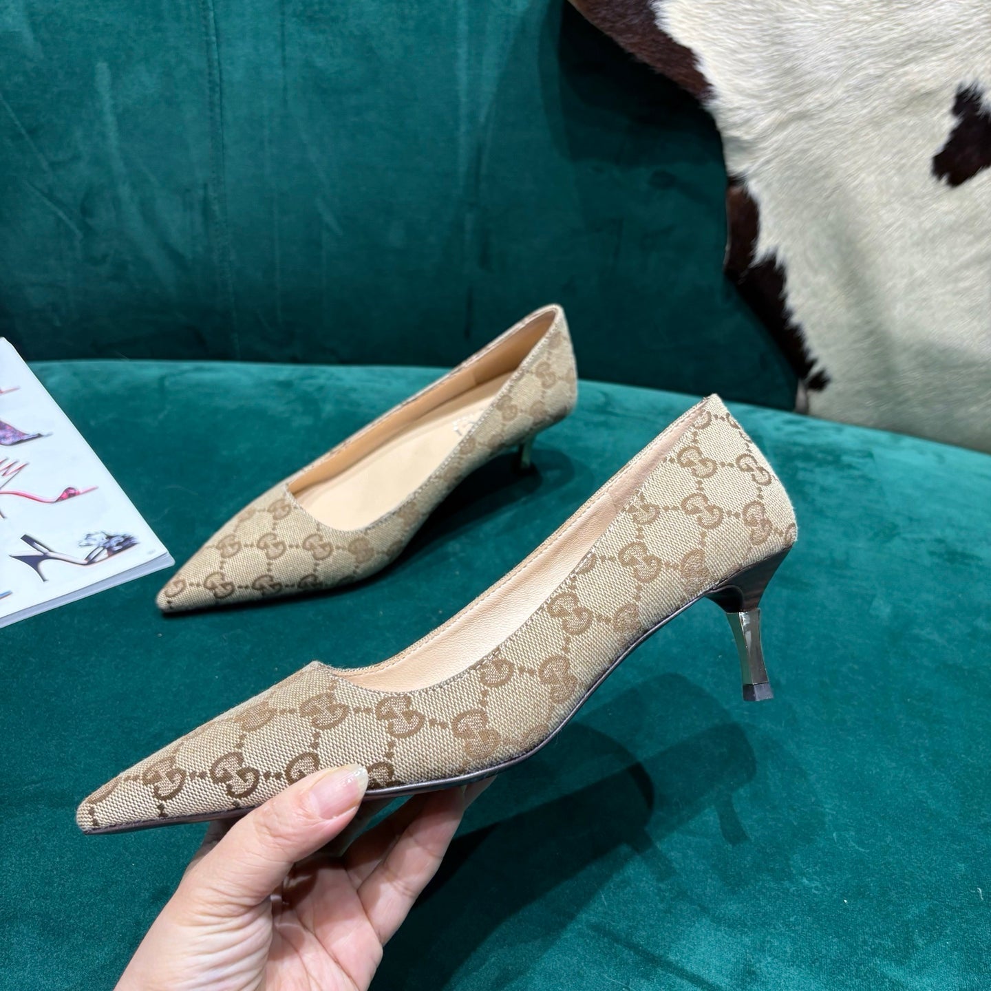 GG Pointed-Toe Slingback  Light Beige Canvas 741264