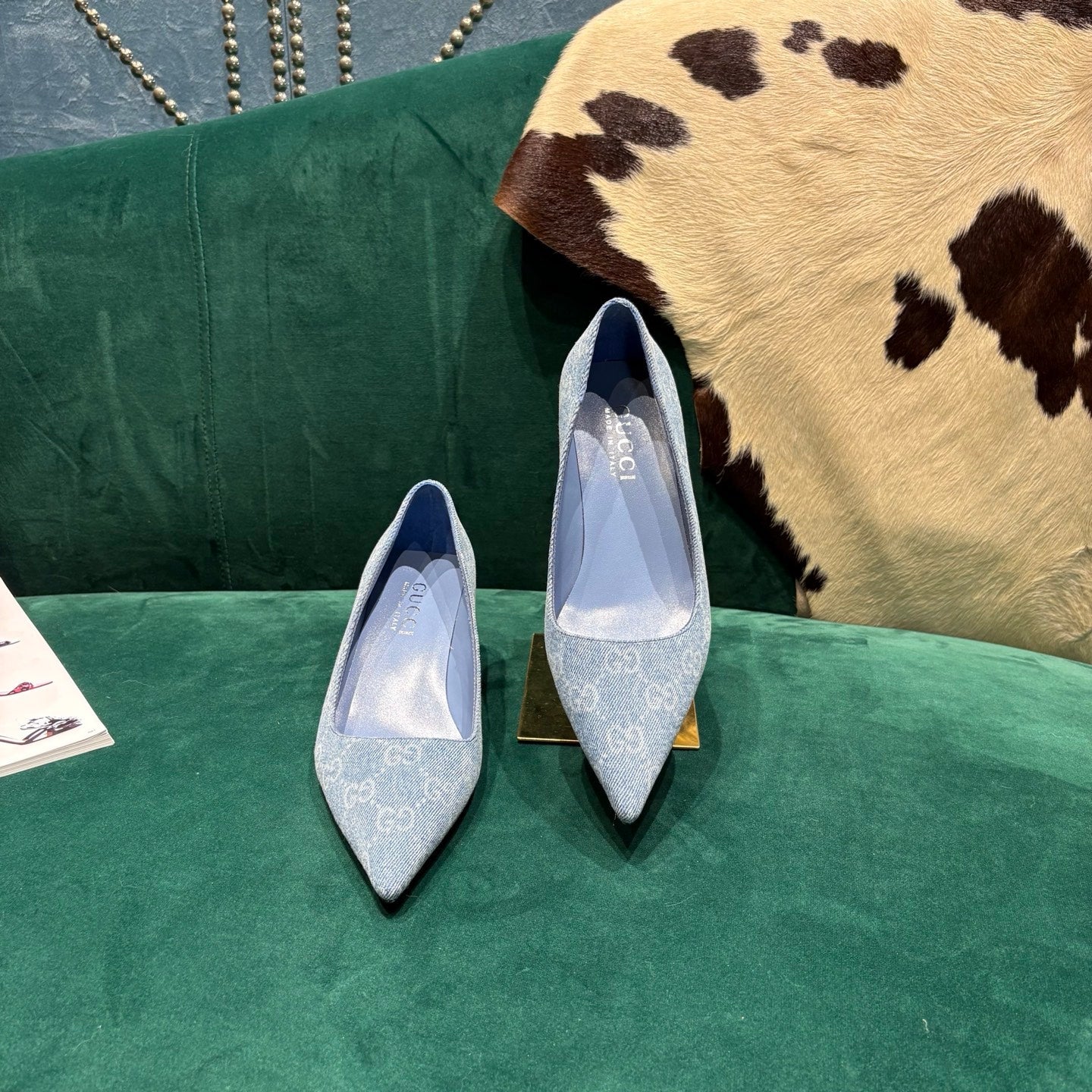GG Pointed-Toe Slingback Light Blue Canvas 741264