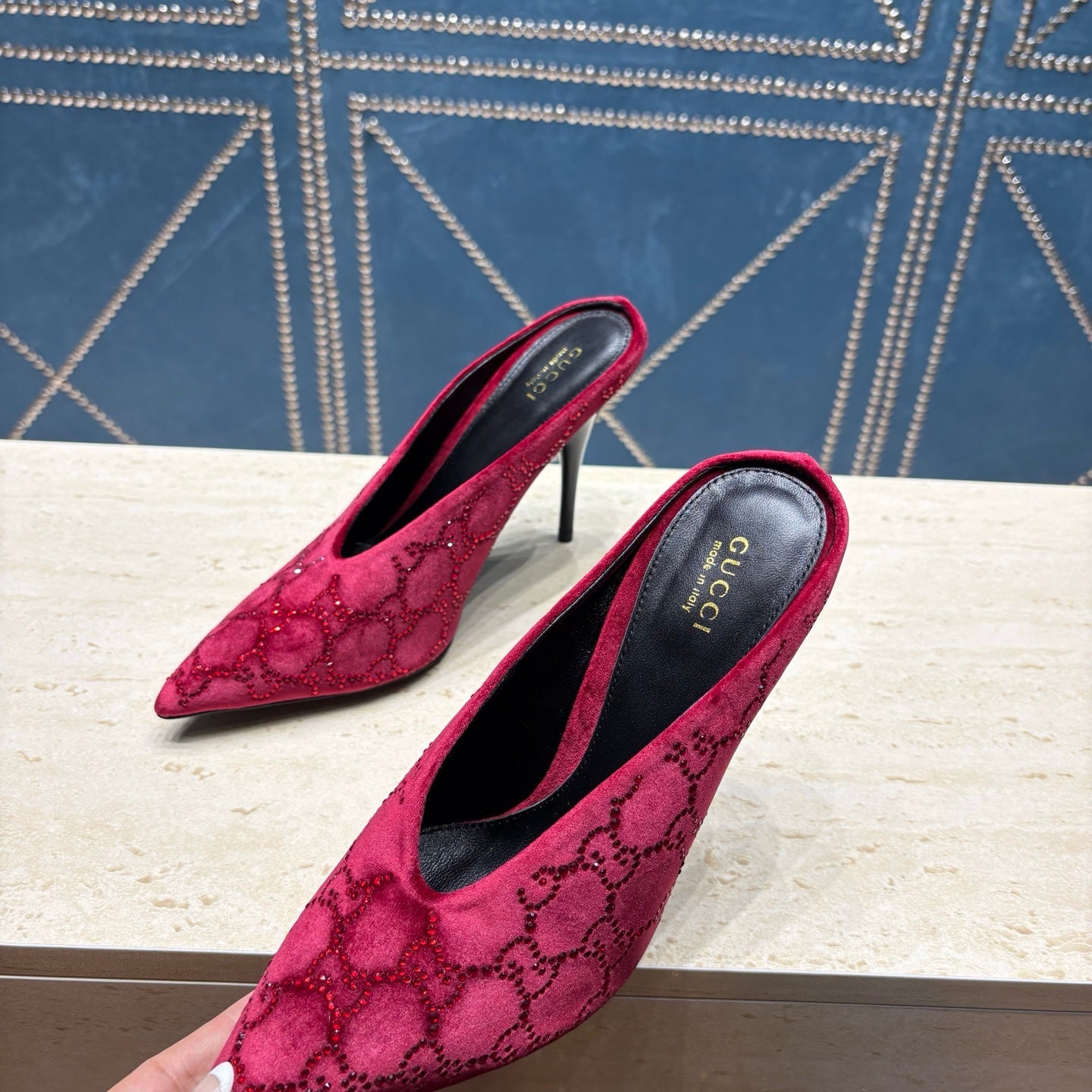 GG High-Heeled Mule 10.5cm Burgundy Velvet 741290