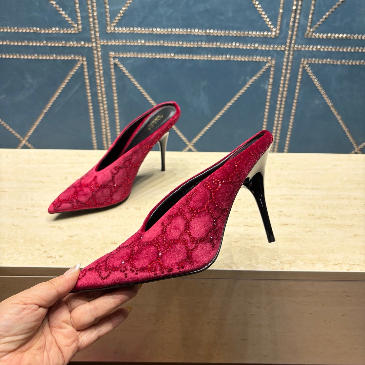 GG High-Heeled Mule 10.5cm Burgundy Velvet 741290