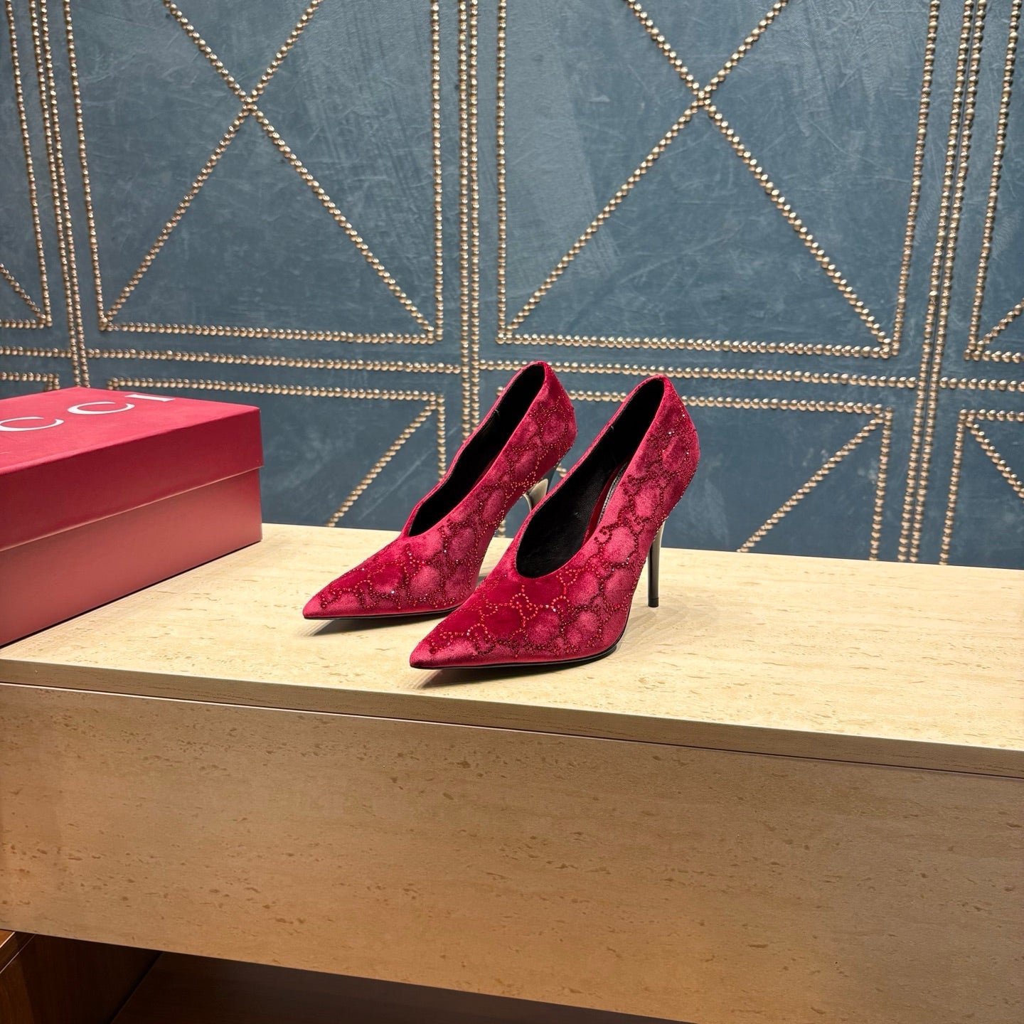 GG High-Heeled Pump 10.5cm Burgundy Velvet 741292