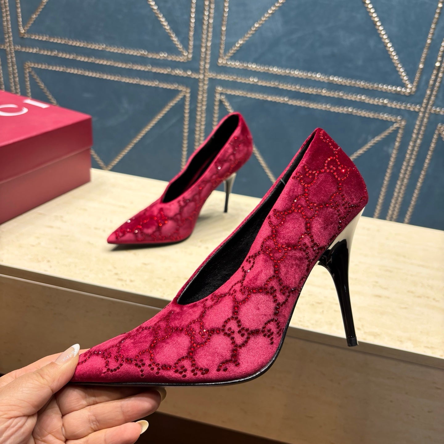 GG High-Heeled Pump 10.5cm Burgundy Velvet 741292