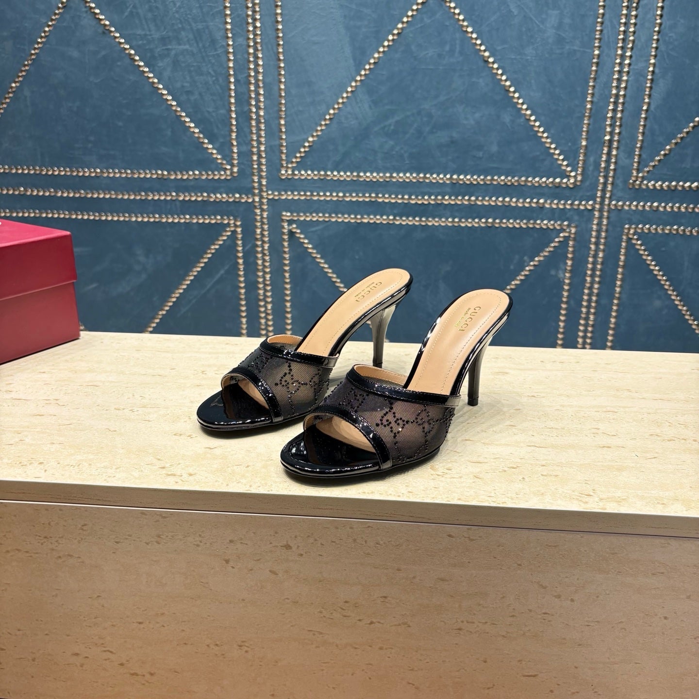 GG Women's Crystal Slide 8.5cm Sandal Black Mesh Leather 741296