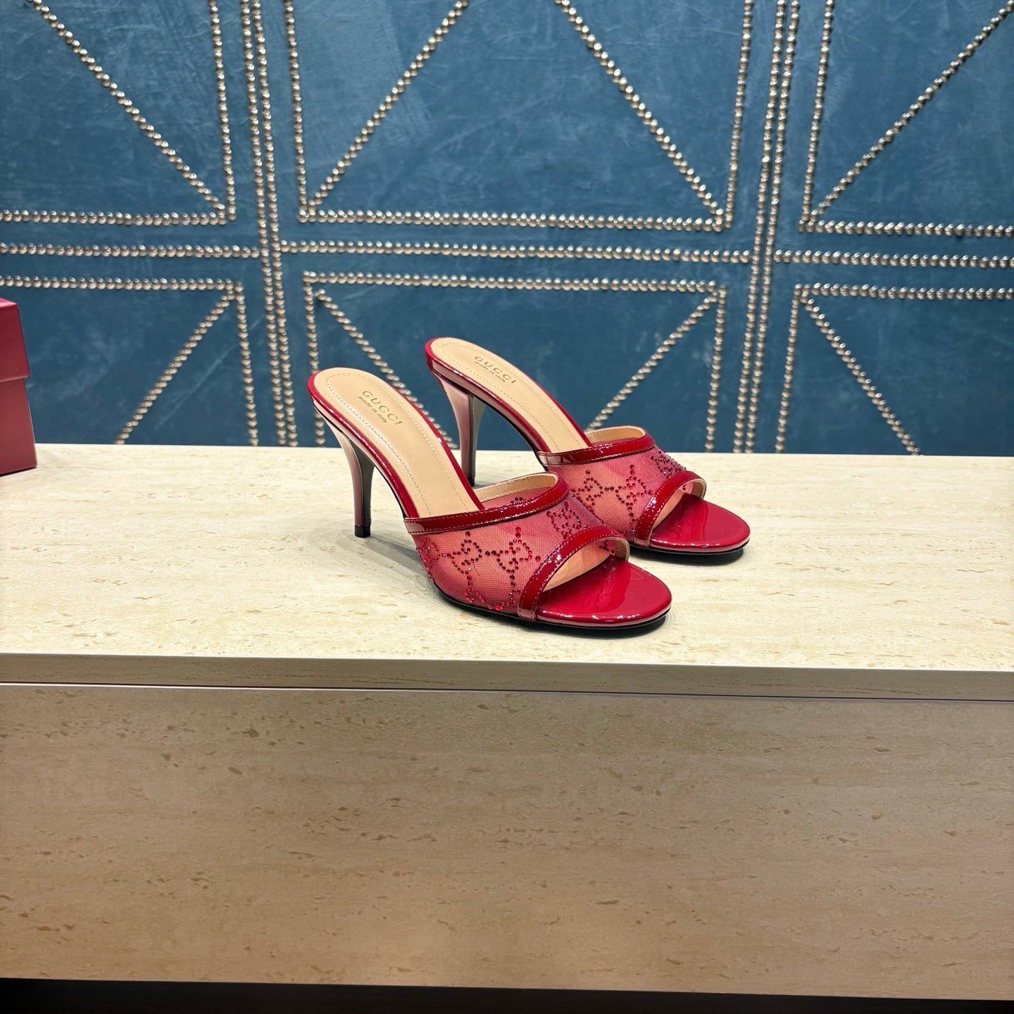 GG Women's Crystal Slide 8.5cm Sandal Burgundy Mesh Leather 741297