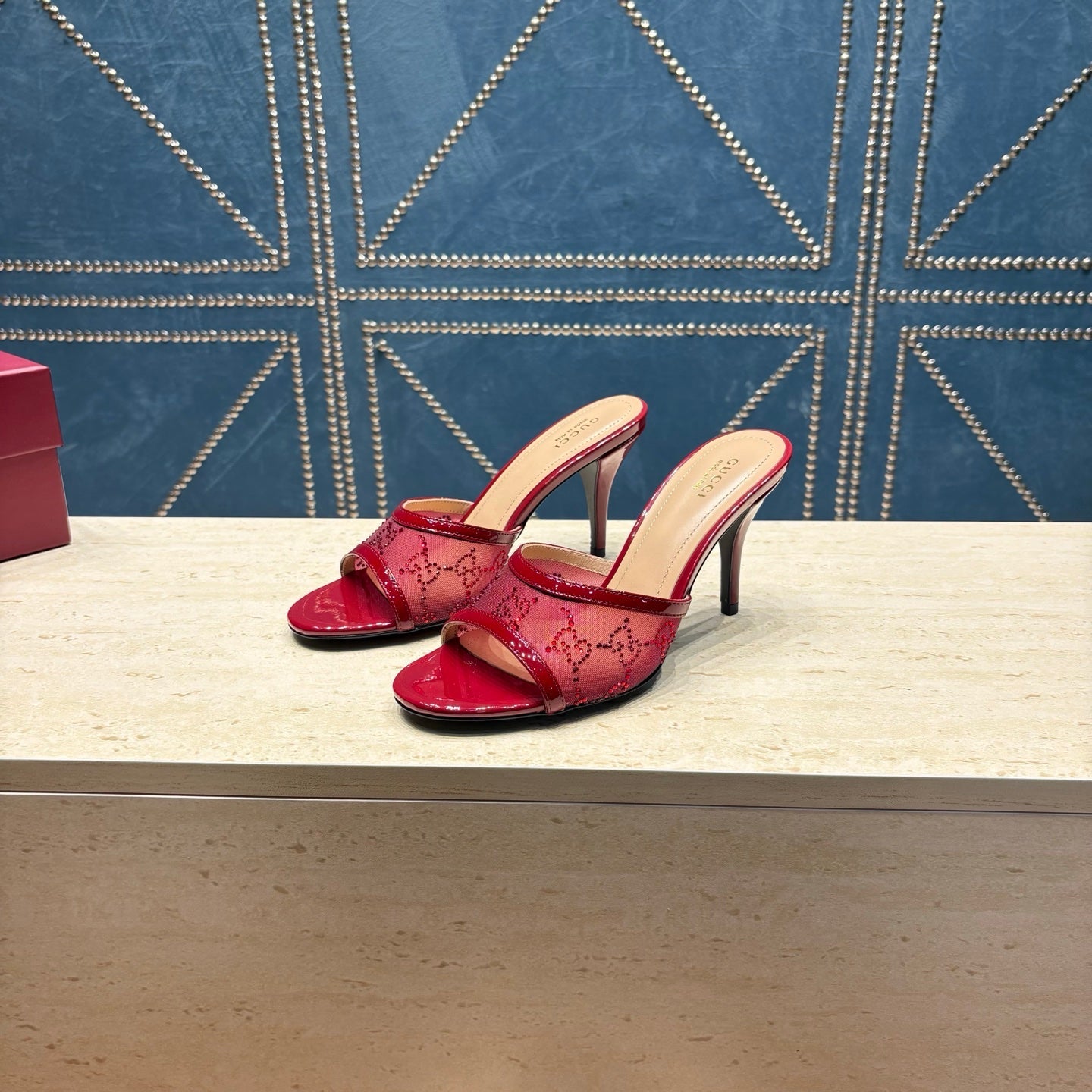 GG Women's Crystal Slide 8.5cm Sandal Burgundy Mesh Leather 741297