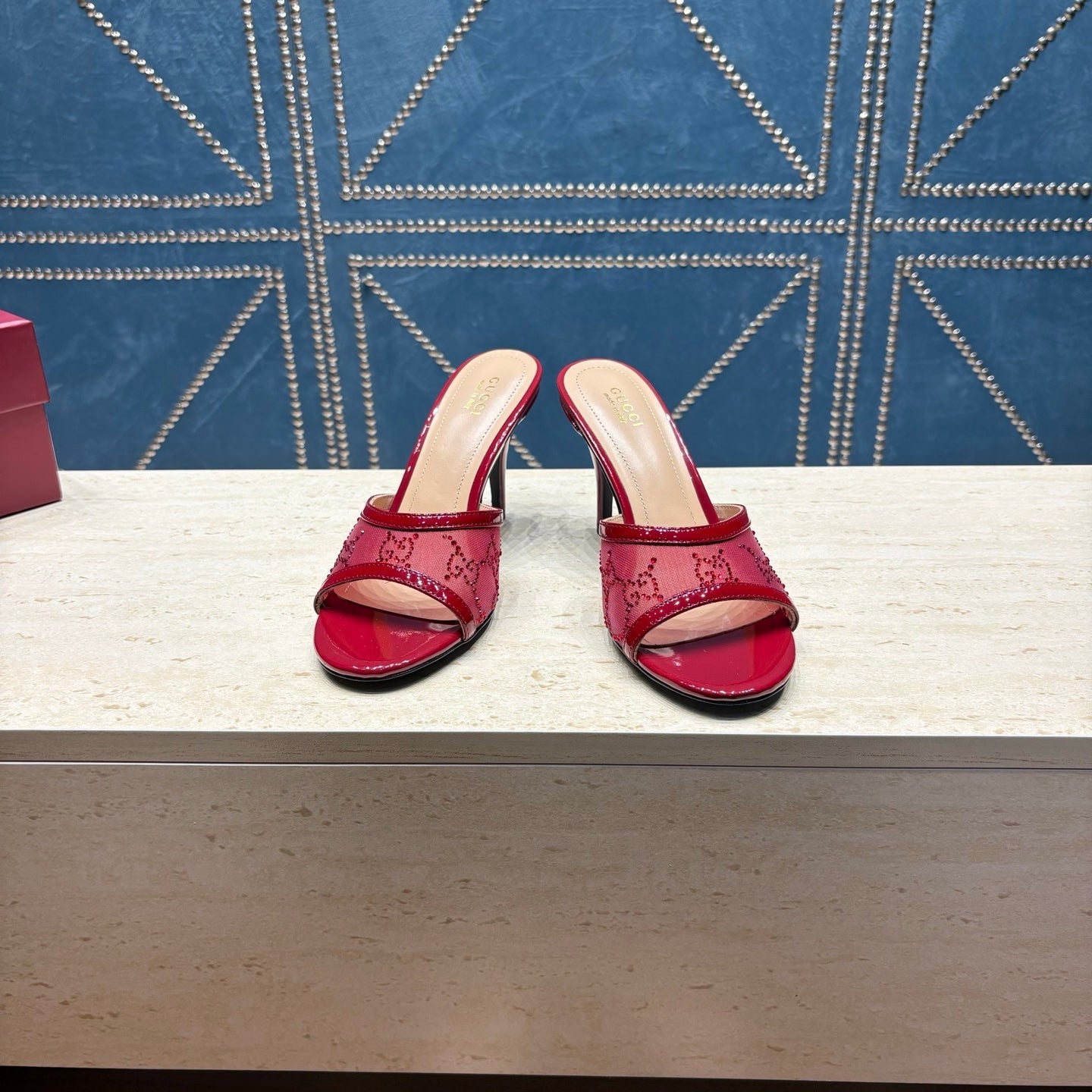 GG Women's Crystal Slide 8.5cm Sandal Burgundy Mesh Leather 741297