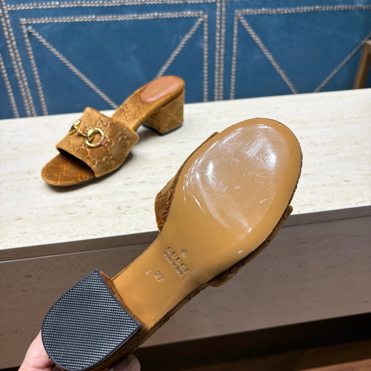 GG 26ss Chunky Heel Sandals 55 Brown Velvet 741299