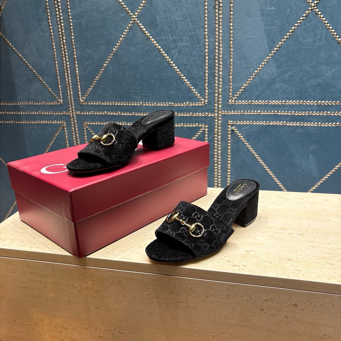GG 26ss Chunky Heel Sandals 55 Black Velvet 741300