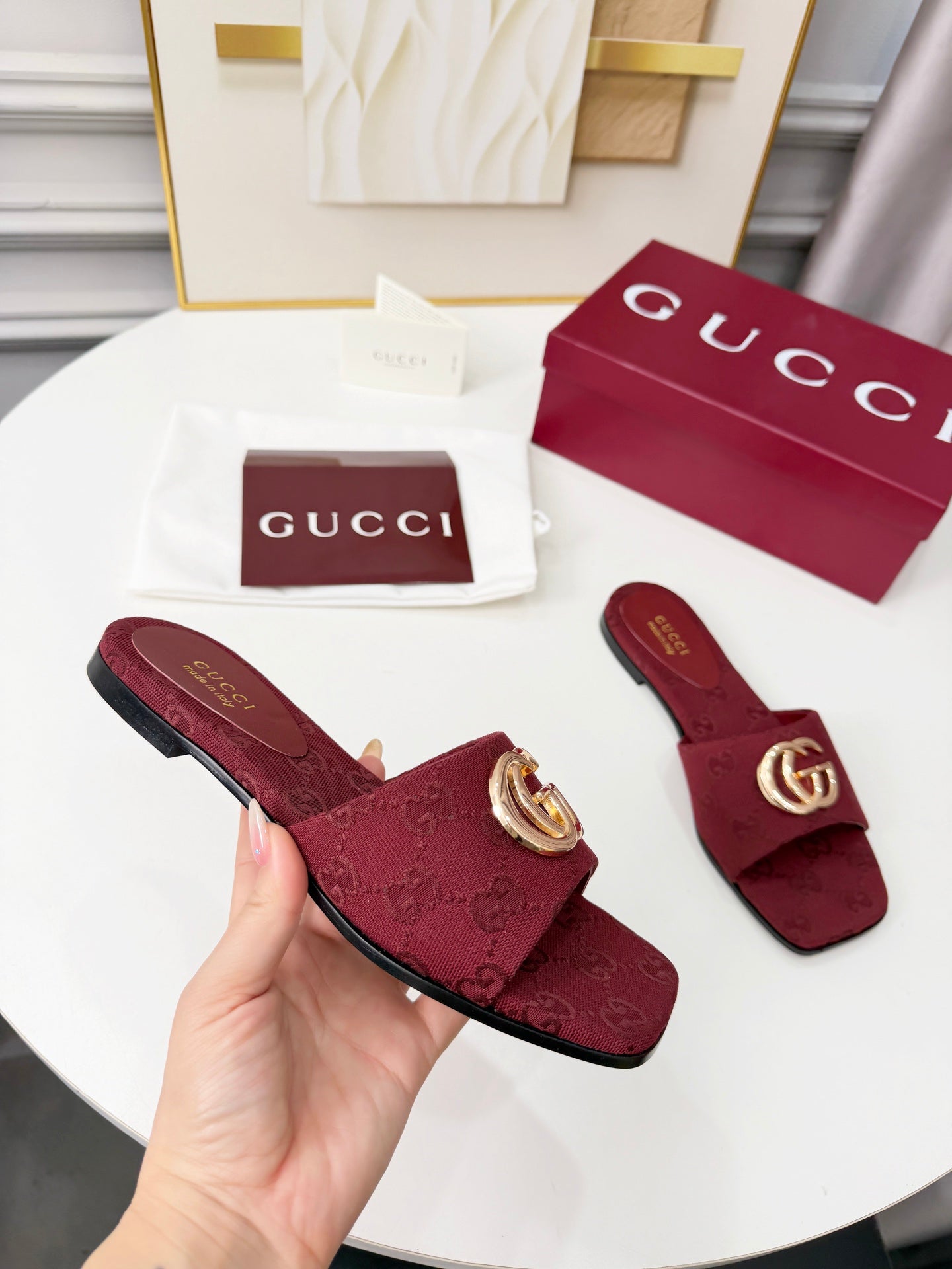 GG 2026 Early Spring Mule Burgundy Canvas Sheepskin 688516