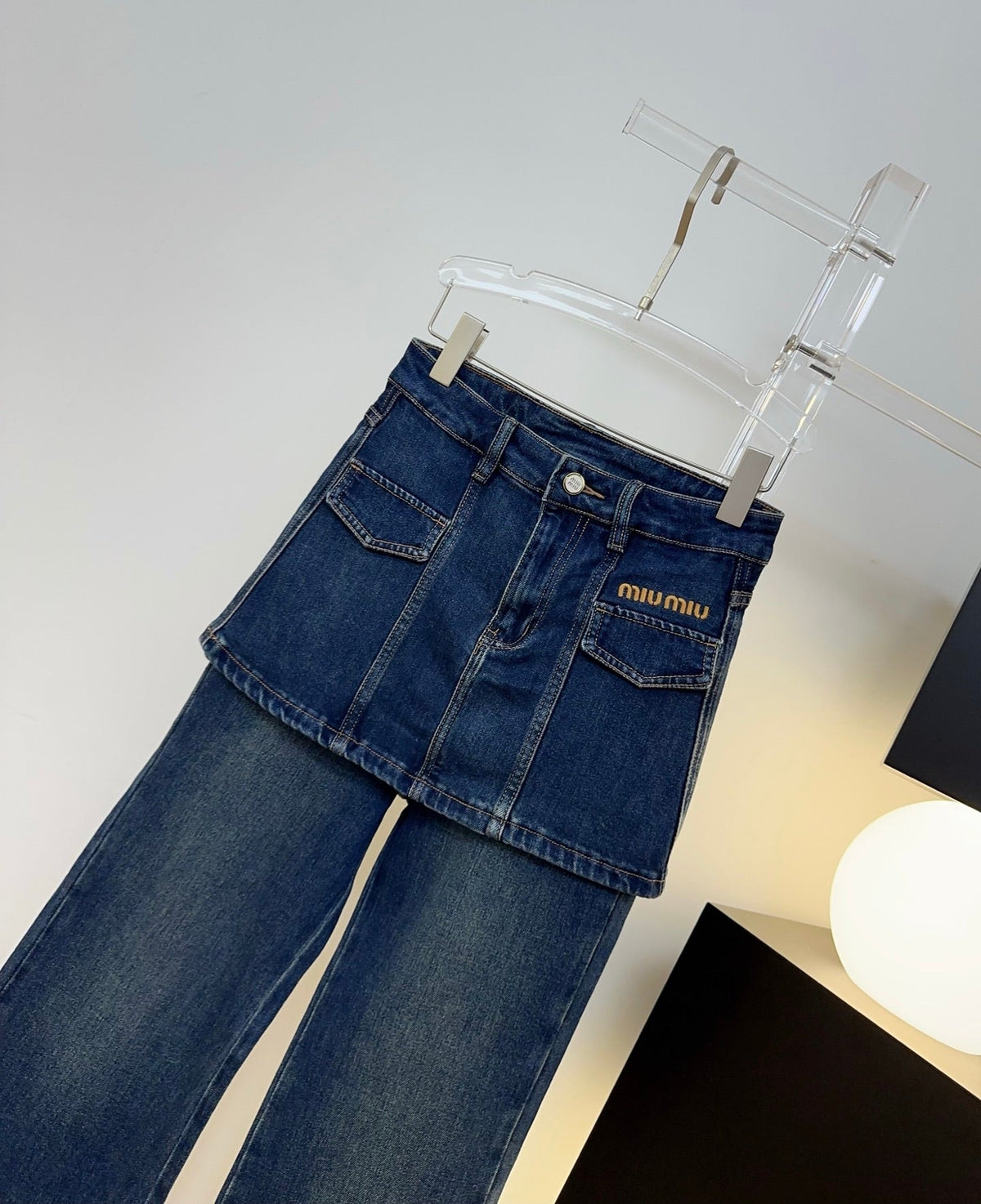 Miu Miu 26s Jeans Skirt-Overlay Wide-Leg Blue Denim 429844