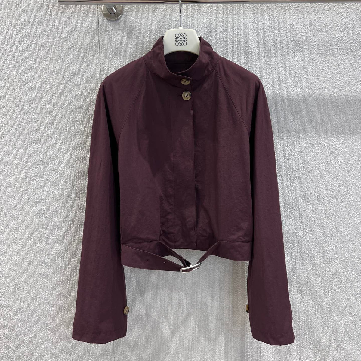 Loewe 25 Stand Collar Short Trench Coat Burgundy Red Cotton Nylon 224272