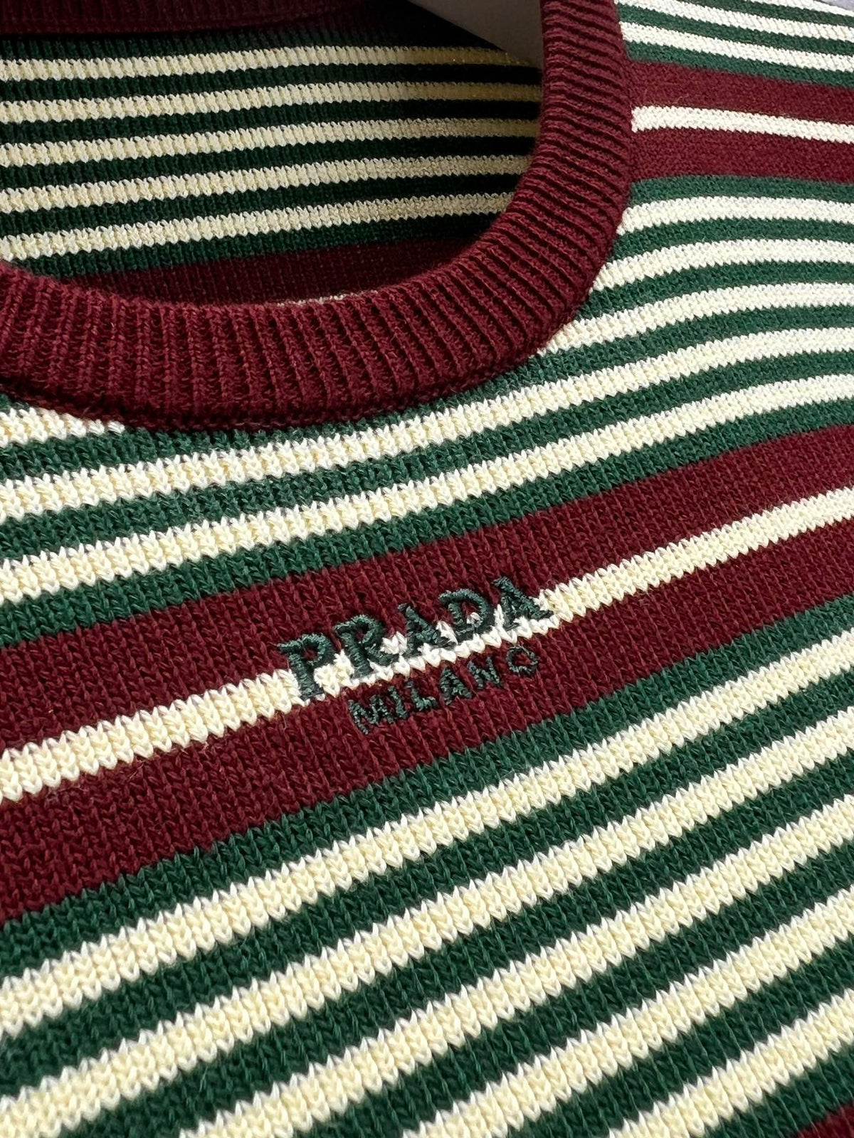 Prada Short-Sleeved Striped Sweater Green Brown Cotton