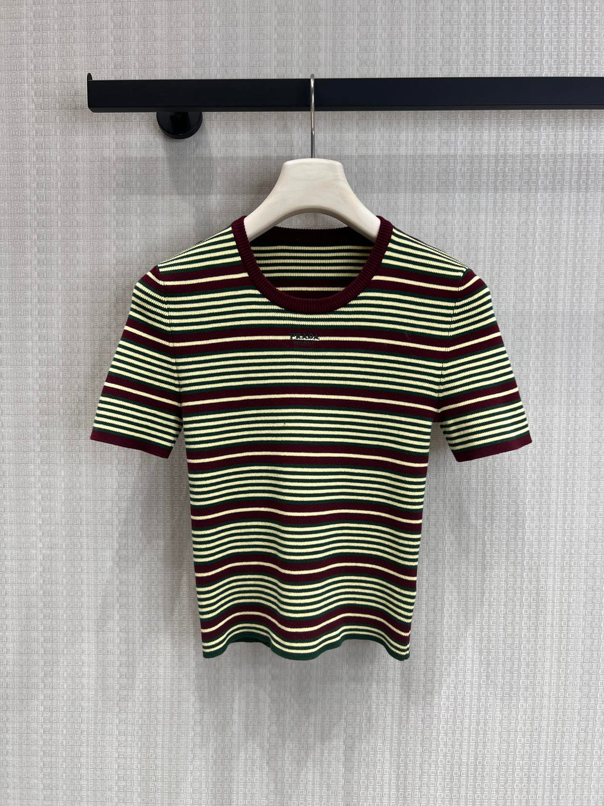 Prada Short-Sleeved Striped Sweater Green Brown Cotton