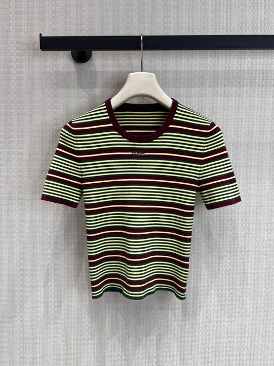 Prada Short-Sleeved Striped Sweater Green Brown Cotton