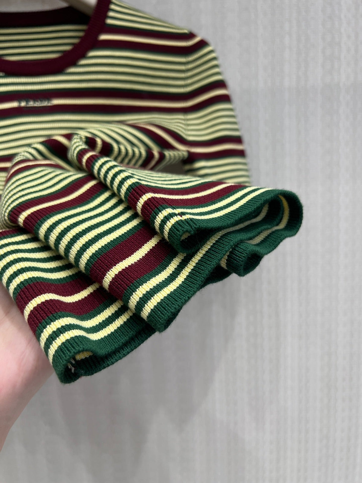 Prada Short-Sleeved Striped Sweater Green Brown Cotton