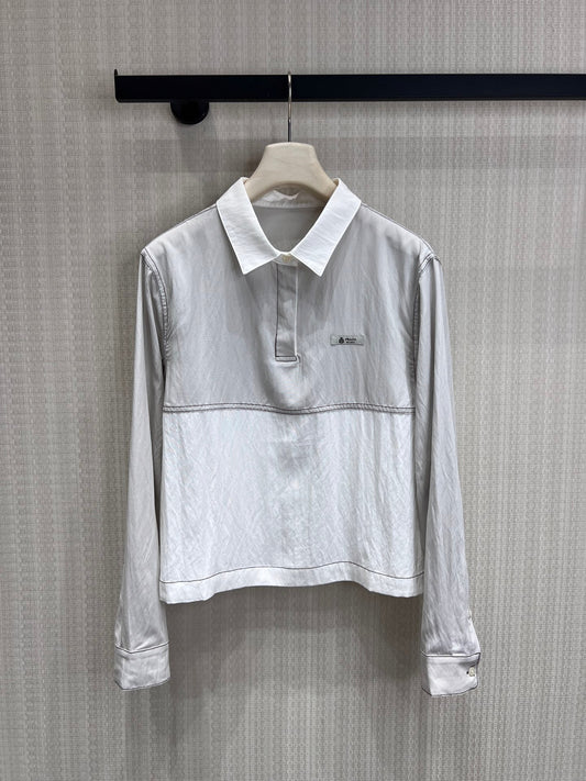 Prada Chambray Jersey Polo Shirt White Grey Cotton
