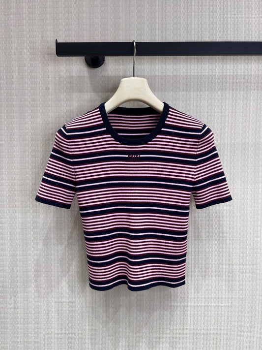 Prada Short-Sleeved Striped Sweater Black Pink Cotton