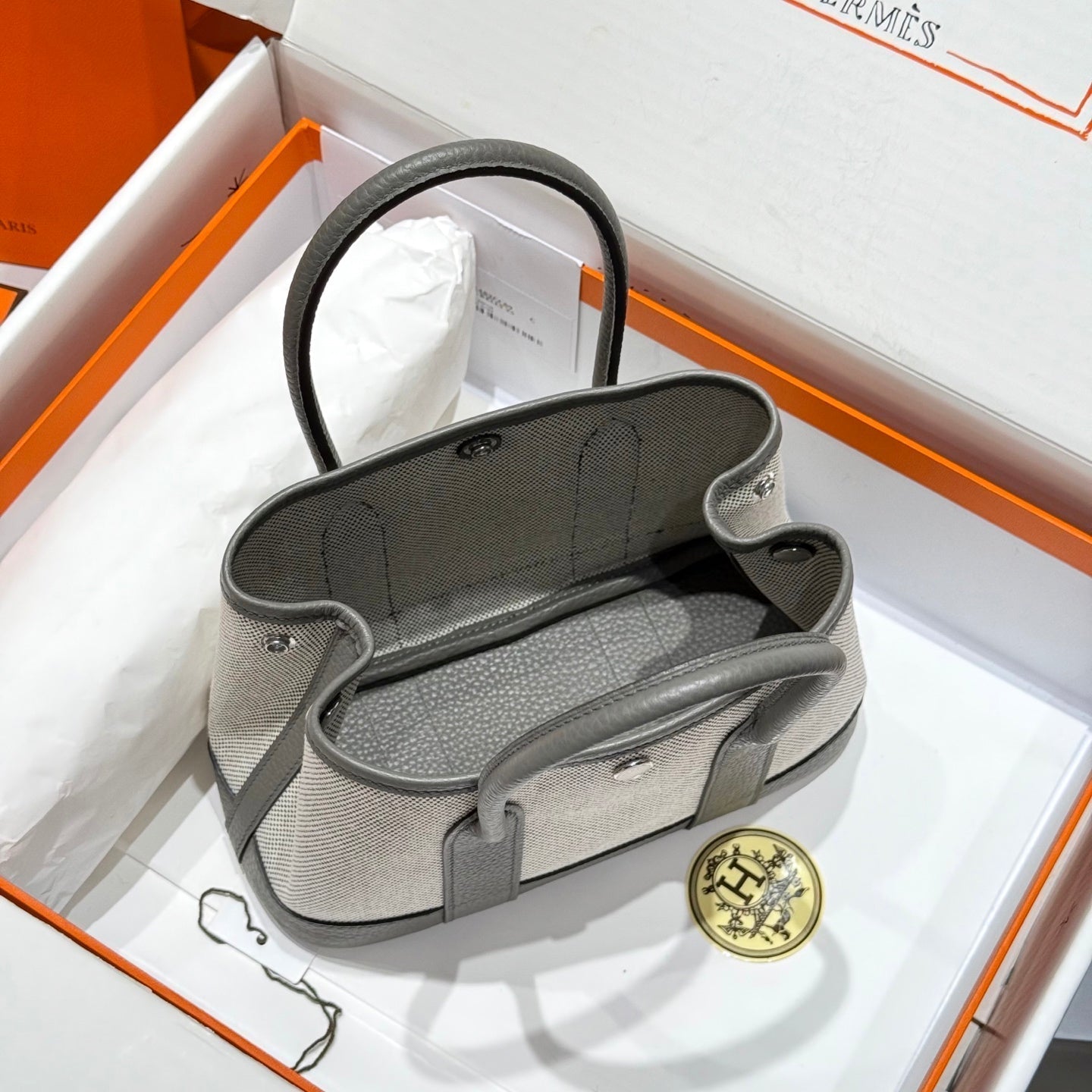 HM Garden Party Mini 23cm Bag Gris Neve Togo Cream Canvas