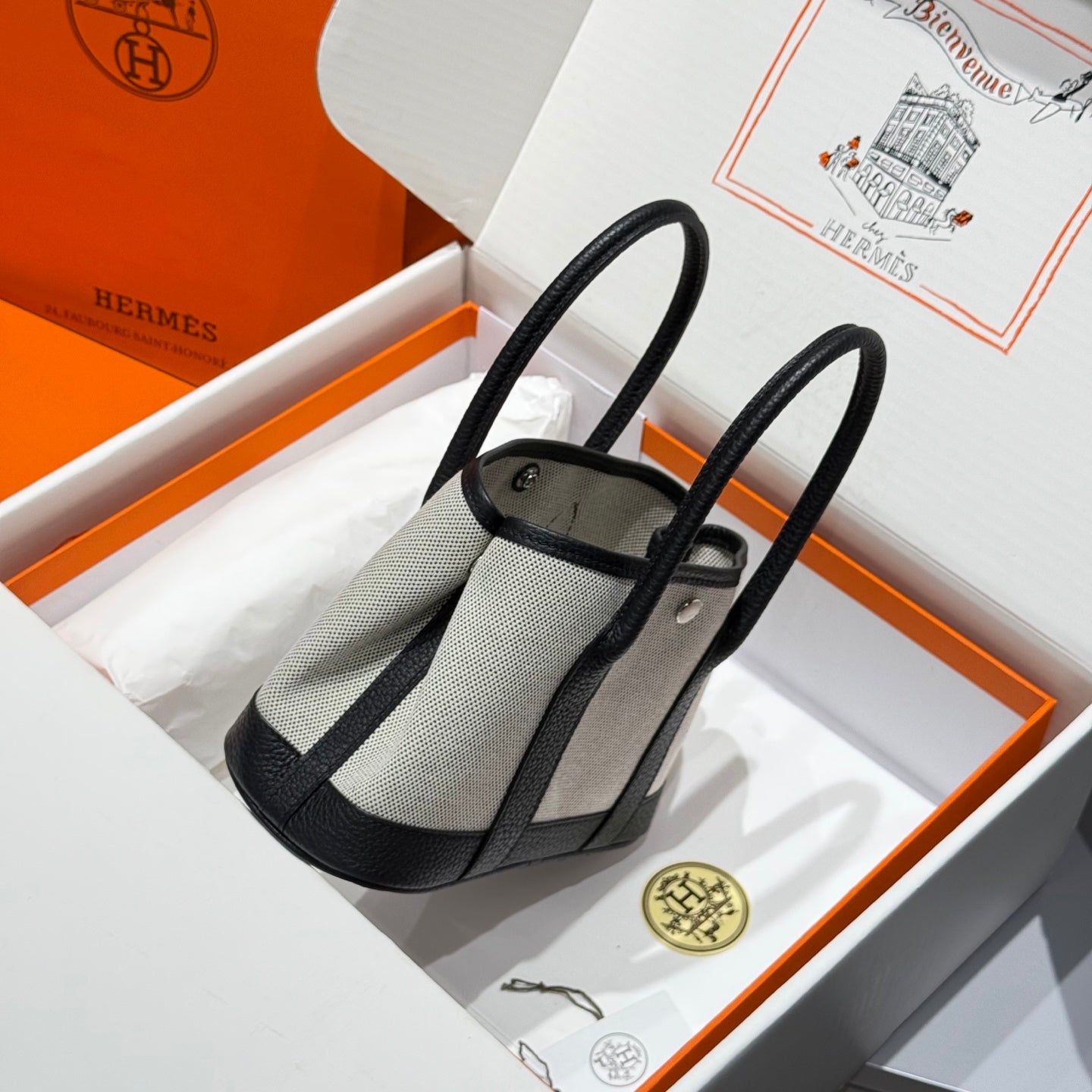 HM Garden Party Mini 23cm Bag Black Togo Cream Canvas