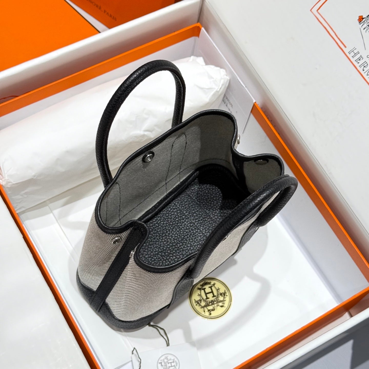 HM Garden Party Mini 23cm Bag Black Togo Cream Canvas