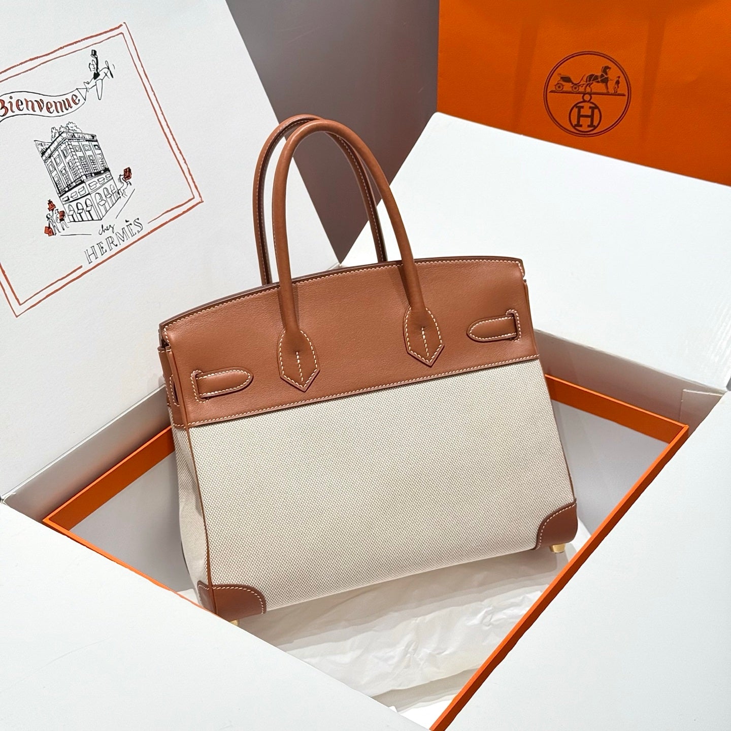 HM Birkin 30cm Golden Brown Swift Cowhide With Beige Canvas Fabric Ghw 249976
