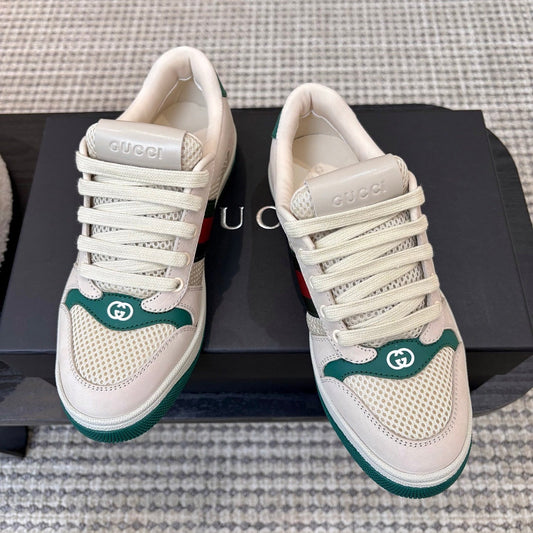 Gucci 26s Mesh Sneakers In Light Beige And Green Leather