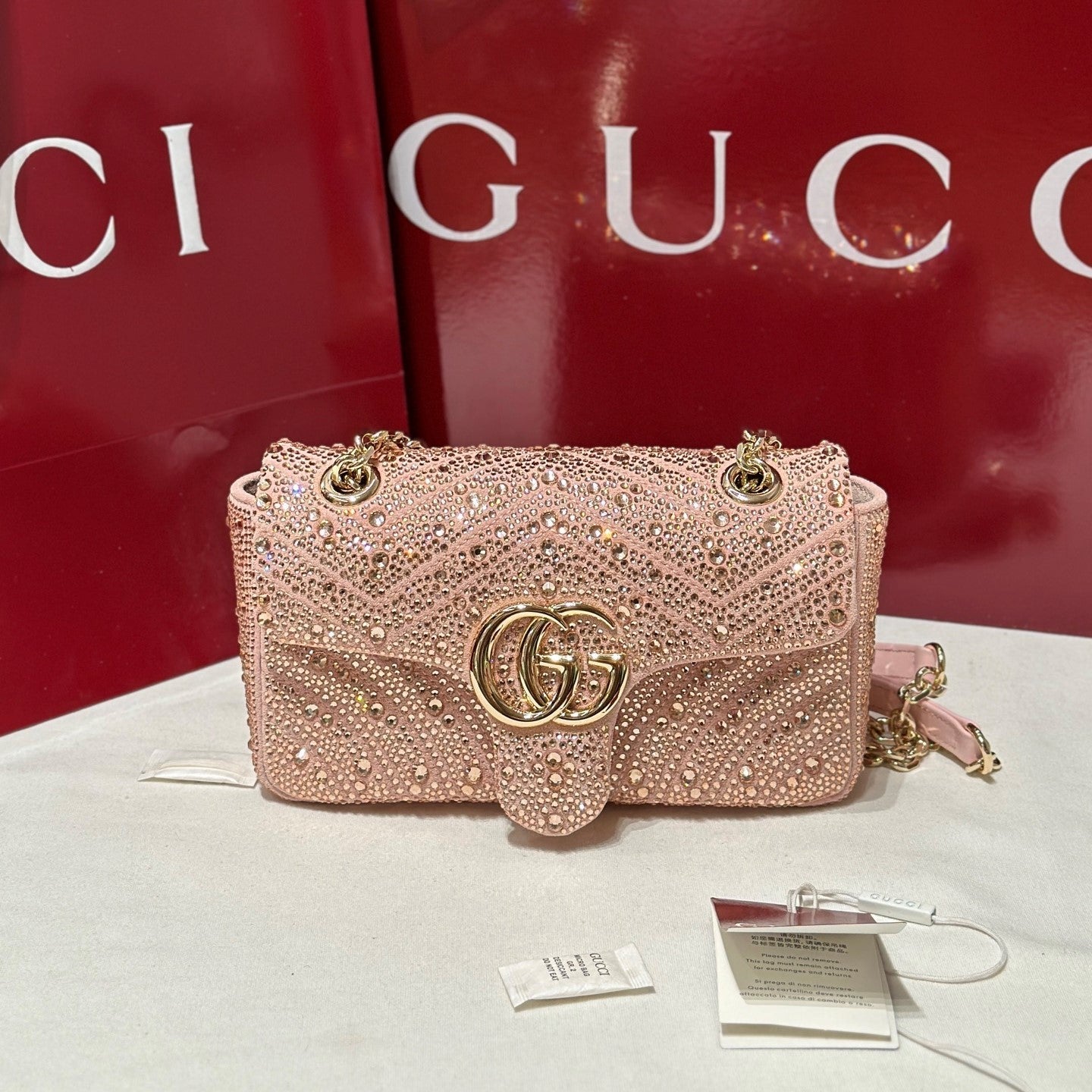 GG Marmont Crystals Small Shoulder Bag Pink Leather