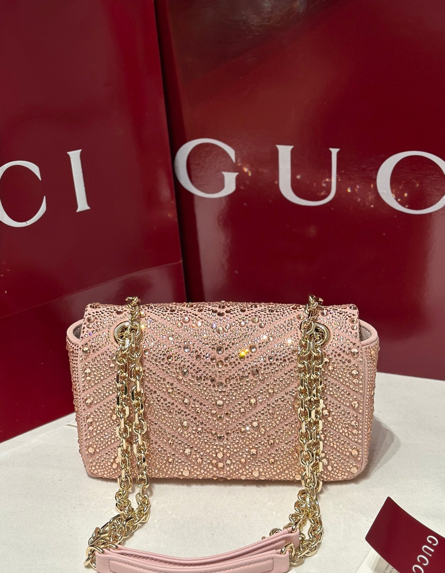 GG Marmont Crystals Small Shoulder Bag Pink Leather