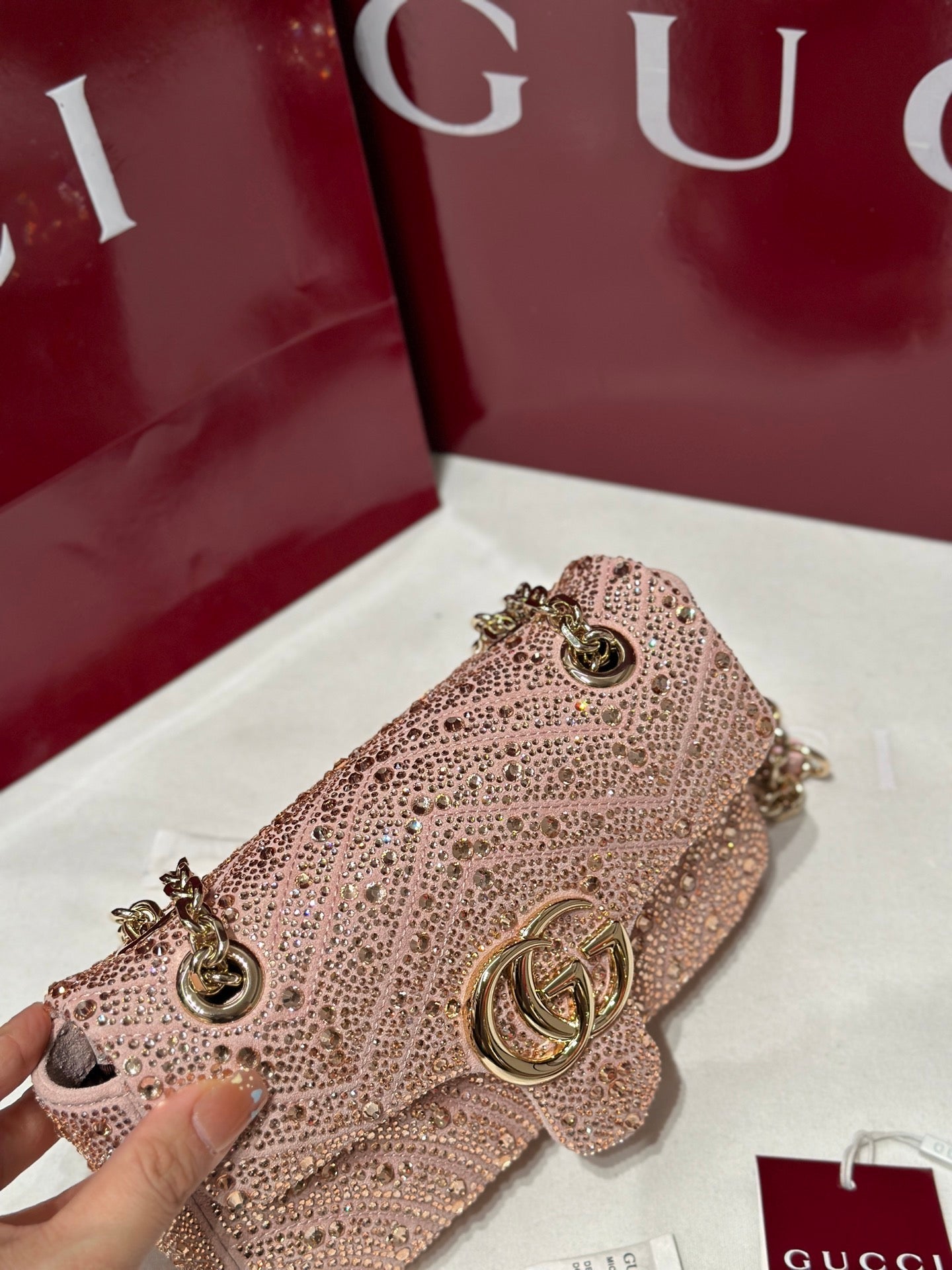 GG Marmont Crystals Small Shoulder Bag Pink Leather