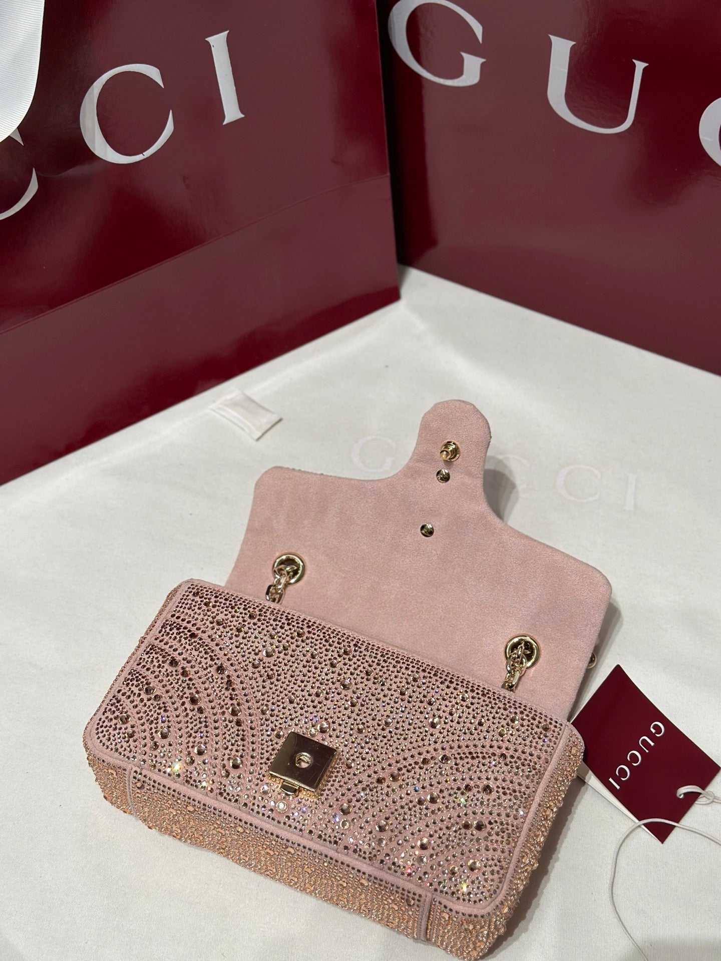 GG Marmont Crystals Small Shoulder Bag Pink Leather