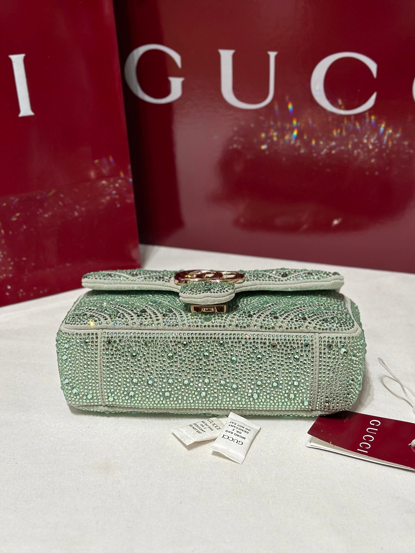 GG Marmont Crystals Small Shoulder Bag Green Leather
