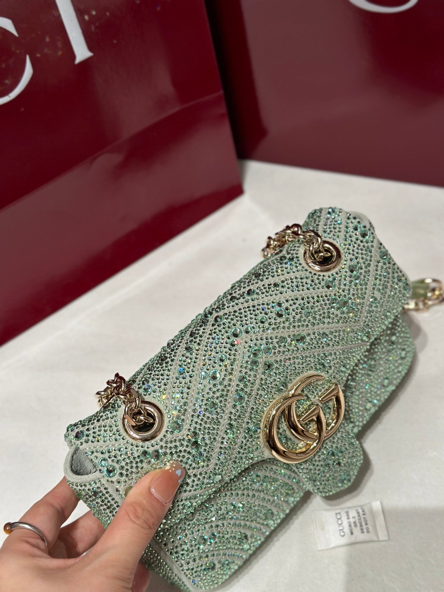 GG Marmont Crystals Small Shoulder Bag Green Leather